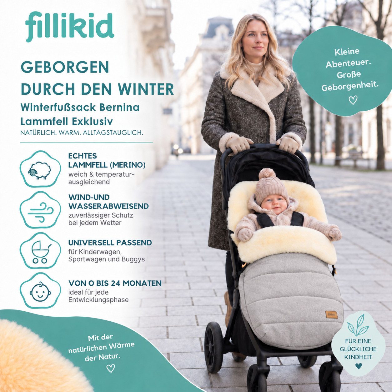 Fillikid Fußsack Winterfußsack Bernina Lammfell Exklusiv, Warmer Winterfußsack mit echtem Merino-Lammfell wasserabweisend und – Bild 2 von 5