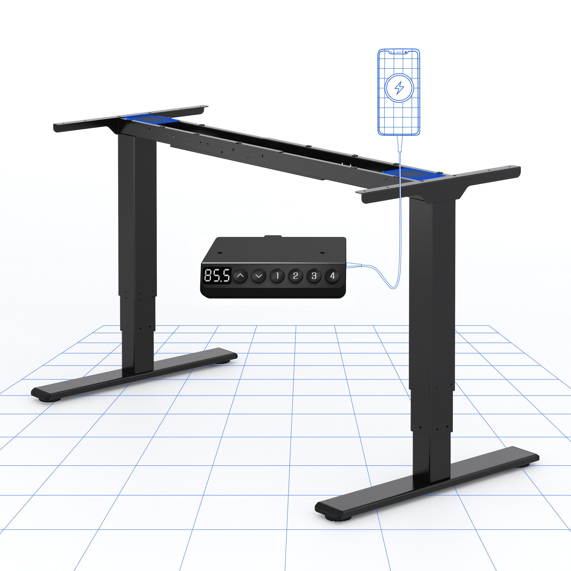 FLEXISPOT Schreibtisch Elektrisch höhenverstellbares Tischgestell (EC5 Serie) (Dual-Motor & 3-Fach-Teleskop & 4 Speicherhöhen, mit USB Charging), Antikollisionssystem, LED-Display, Max. Load: 120kg