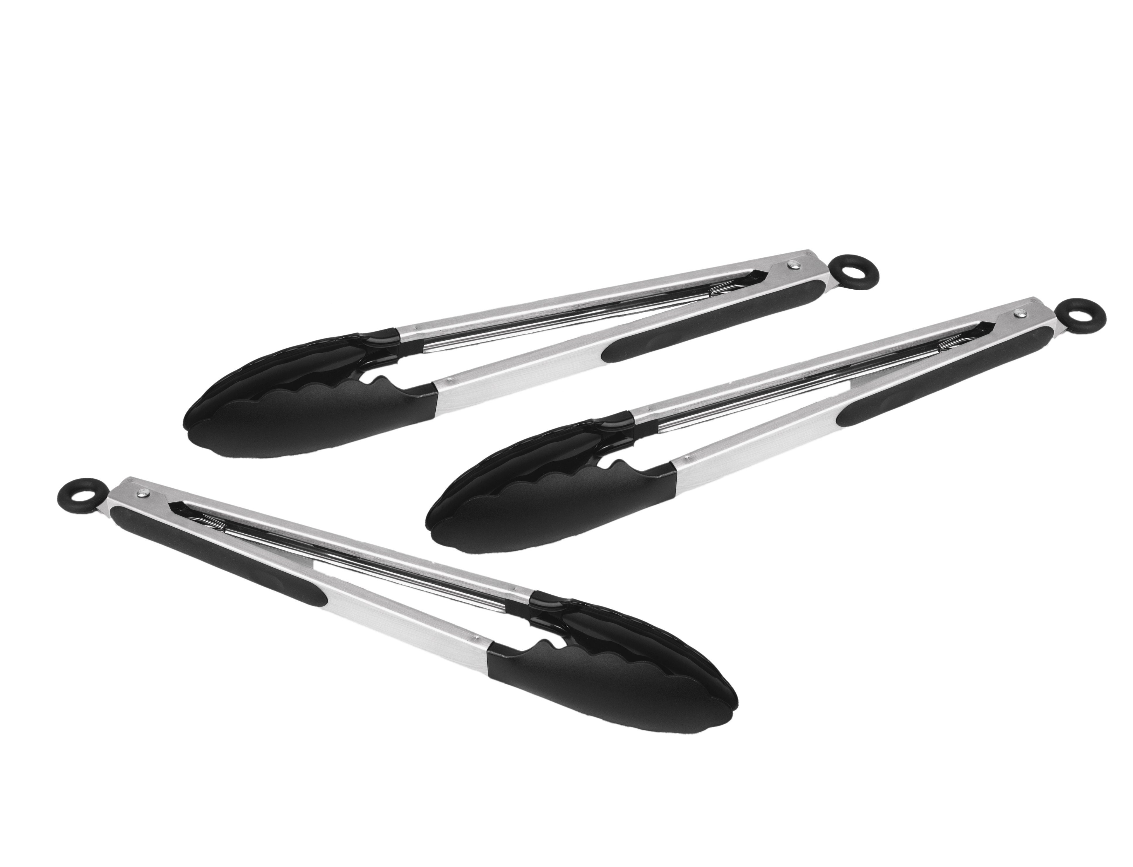 BASVII Grillzangen-Set 3-teilig – Edelstahl Mit Silikonspitzen, Hitzebeständig Bis 230°C, Sicherheitsverschluss, 21/27/34 Cm