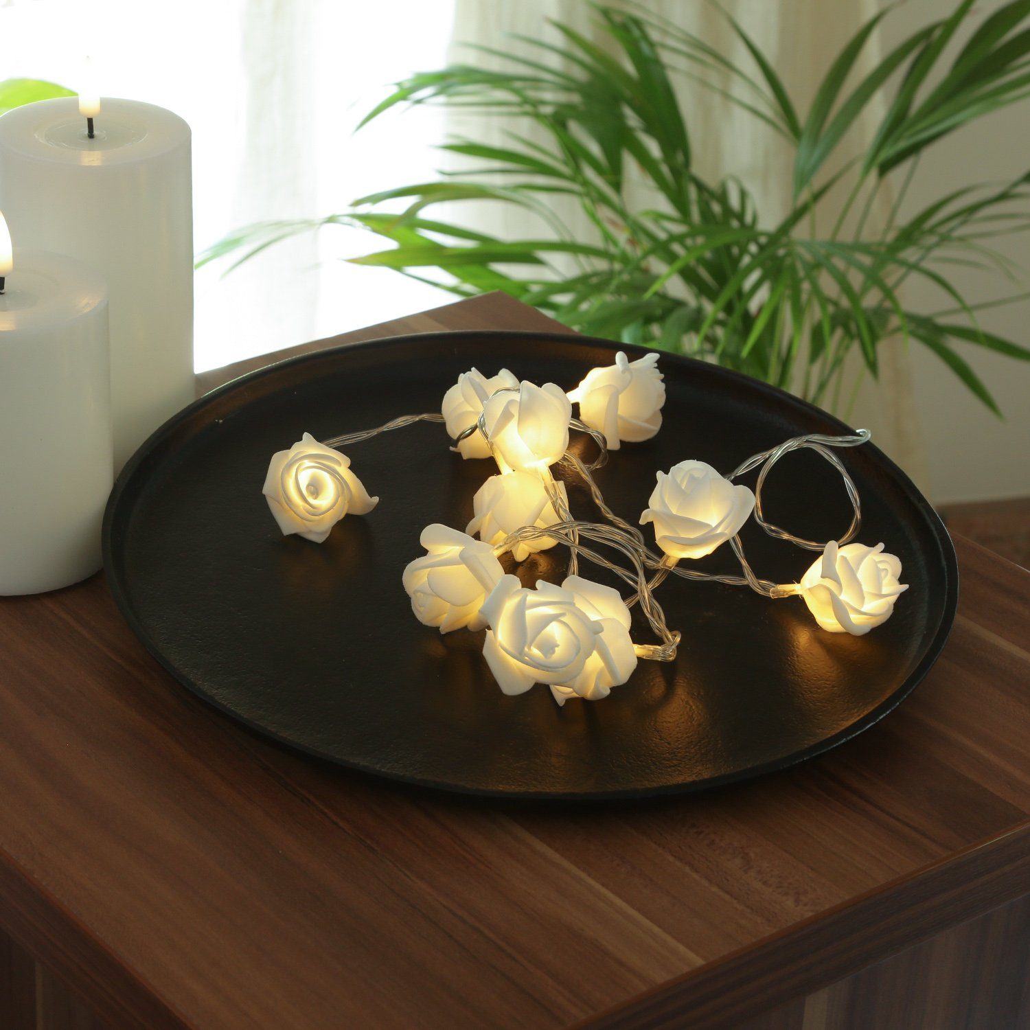 MARELIDA LED-Lichterkette LED Lichterkette 10 weiße Mini Rosen Rosenblüten Hochzeit Valentinstag, 10-flammig