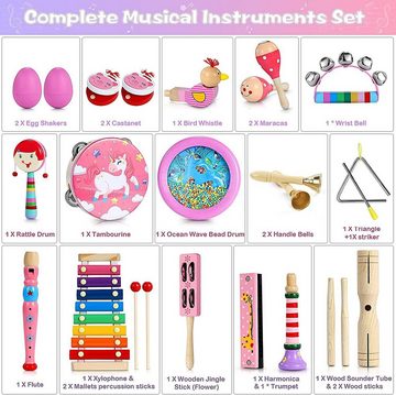 LENBEST Spielzeug-Musikinstrument Rosa Holz Musikinstrument Spielzeug für Kinder, (25 Stück Musikinstrumente Kinder Set, 25 tlg), Einzigartiges Rosa Musik Kinderspielzeug mit Xylophon