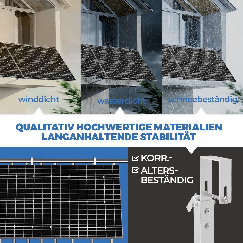 Rhein Beleuchtung Solarmodul-Halterung Balkonkraftwerk Halterung Alu AL6005 T5 mit Balkonhaken, Silber, (bis 44 Zoll, Set, 1-tlg., Solarpanel Halterung für Geländer, Wand, Montage in 15 Min, Neigung 15 45 Grad für PV Modul Halterung 400 600 Watt)