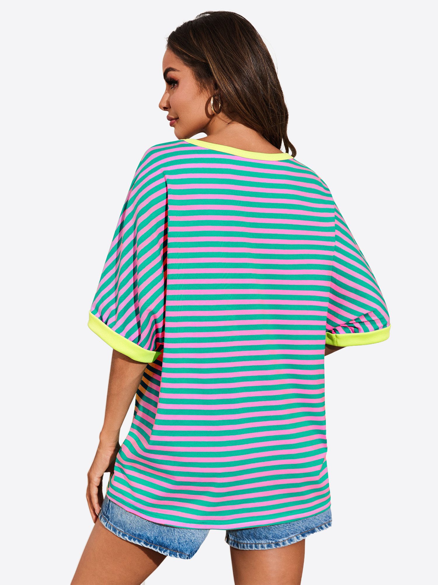 Imily Bela T-Shirt Damen Oversize Streifenmuster und Kontrastborten Relaxed Fit (Packung, 1-tlg., 1per-Pack) mit X-förmige Naht am Hundhalsausschnitt