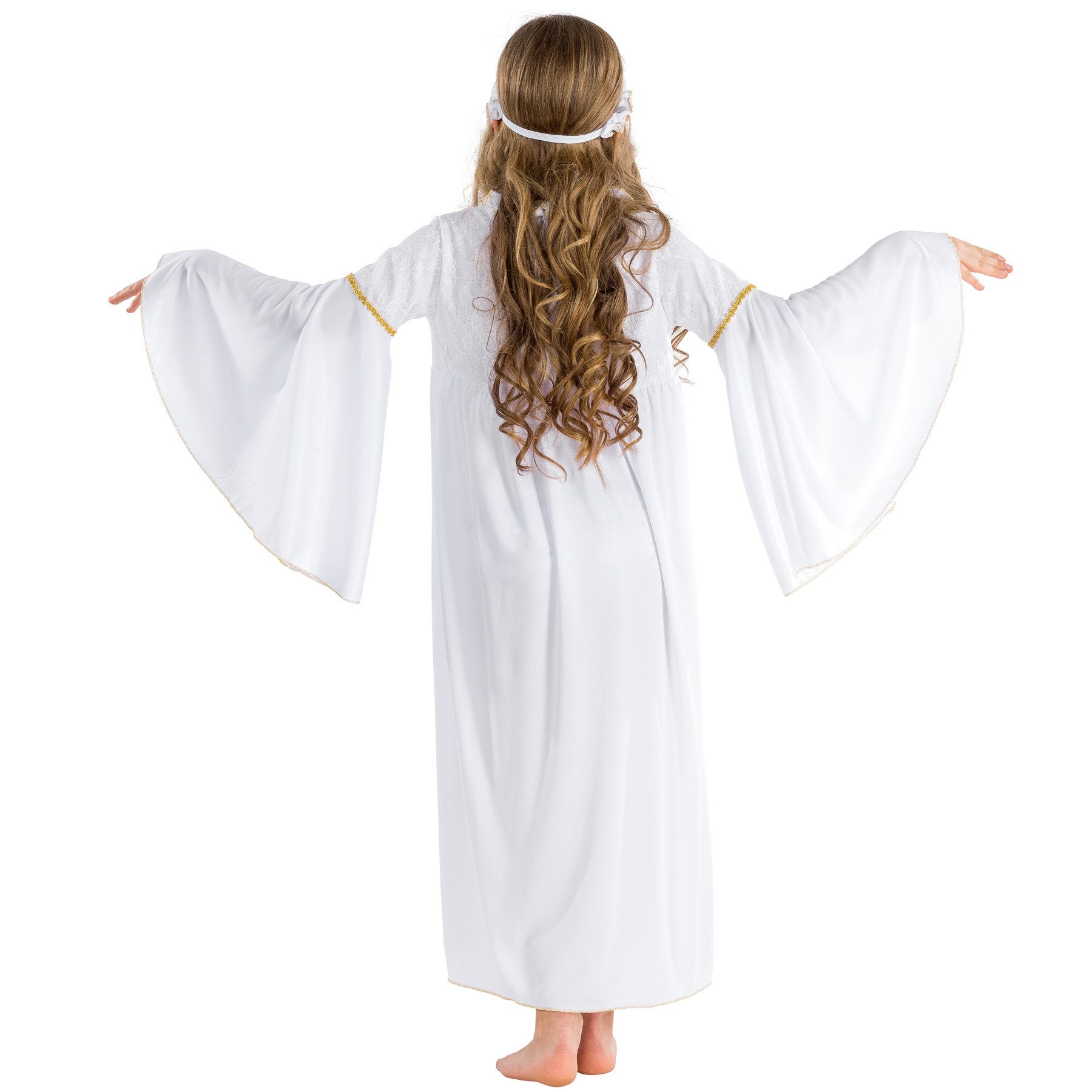 dressforfun Engel-Kostüm Himmelsbote, auch Heilige, in der Farbe weiß, Gr. 128 (8-10 Jahre), Elastisches Haarband, Langes Kleid, Rüschen-Kragen, Trompetenärmel
