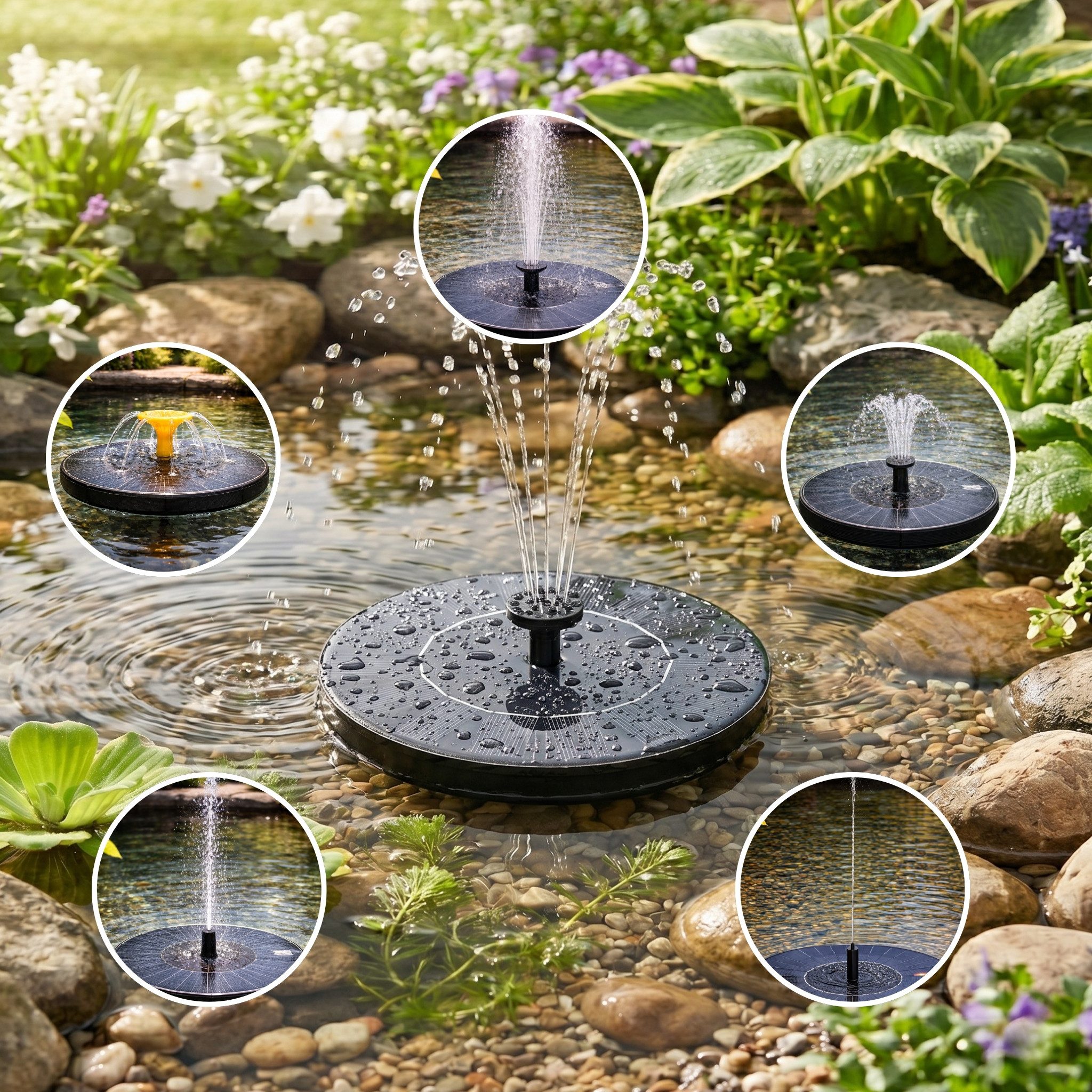 matches21 HOME & HOBBY Wasserspiel Solar Springbrunnen für draußen, Wasserfontäne als Gartendeko, (7 tlg), Solarbrunnen mit Saugnapf, Abstandshalter & 5 Aufsätze