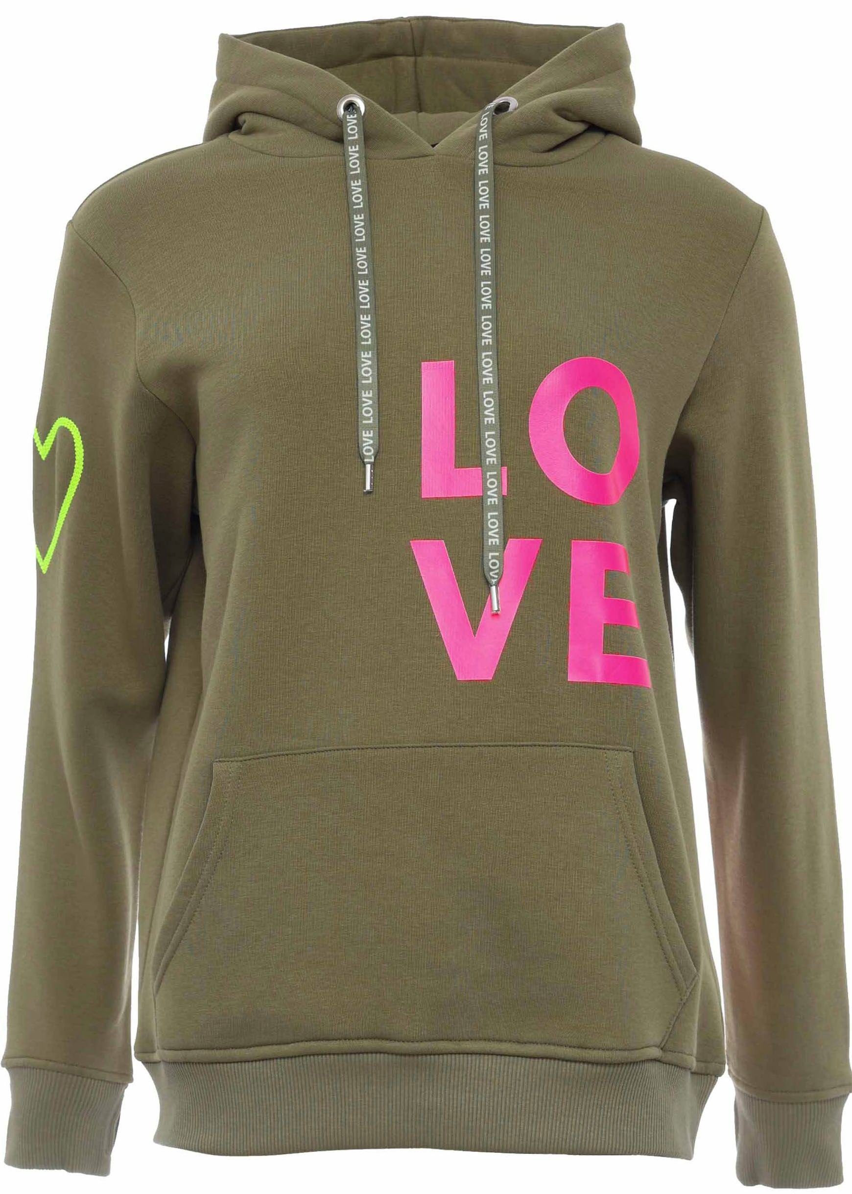 Zwillingsherz Kapuzensweatshirt mit gesticktem Neon Herz am Ärmel und "Love" Schriftzug auf Kordel – Bild 2 von 5