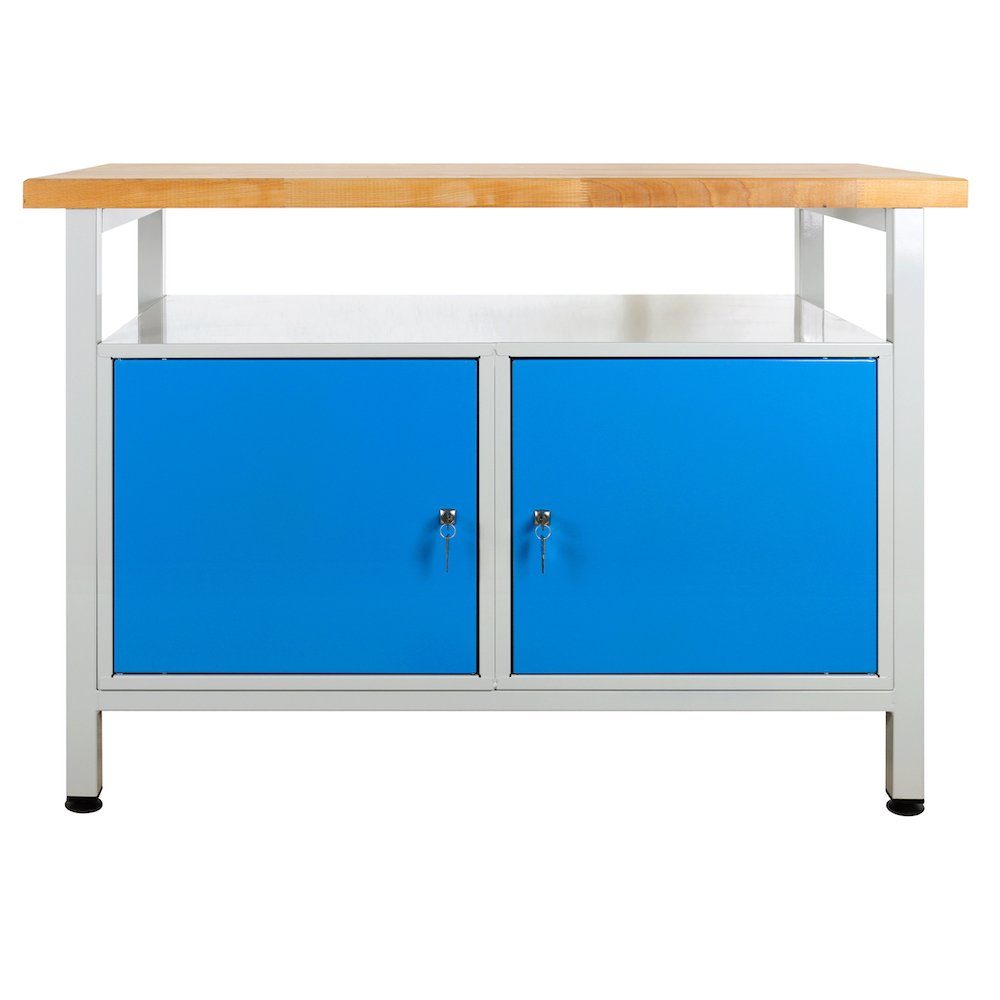 PROREGAL® Werkbank Werkbank Rhino mit Ablagefläche + 2 Türen, Grau/Blau Lichtblau