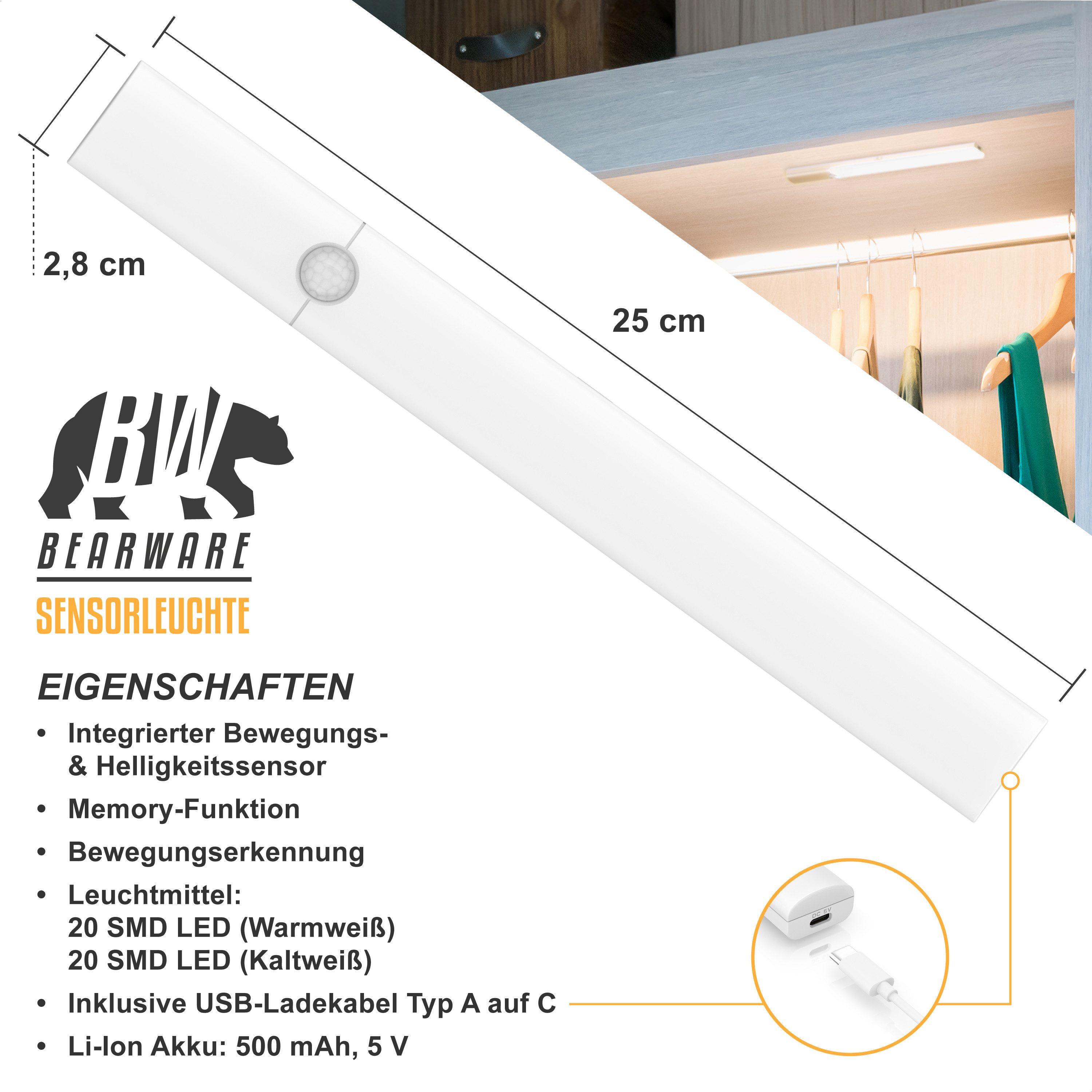 BEARWARE Unterschrankleuchte Schranklicht mit Bewegungsmelder, Akku, 3 Lich günstig online kaufen