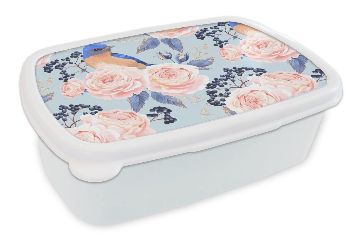MuchoWow Lunchbox Muster - Rose - Vogel - Blau, Kunststoff, (2-tlg), Brotbox für Kinder und Erwachsene, Brotdose, für Jungs und Mädchen weiß