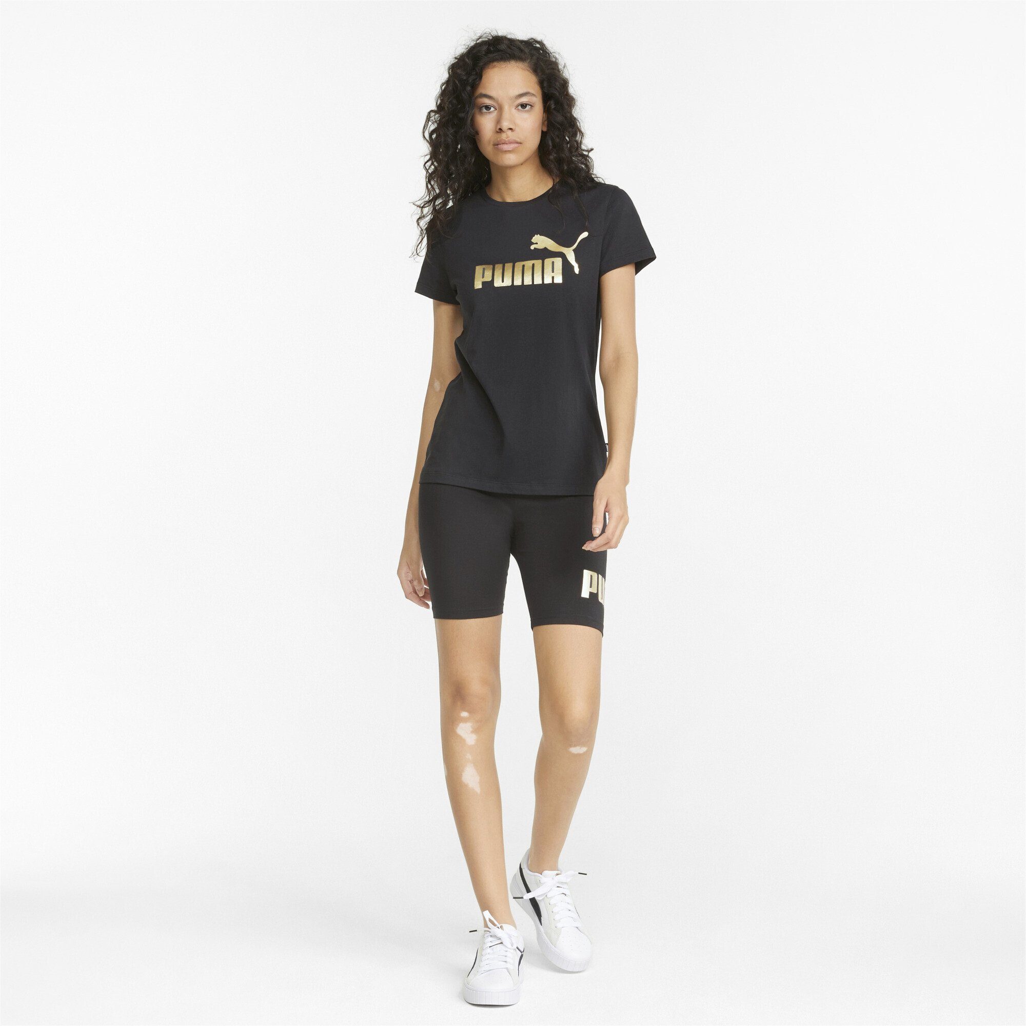 Black PUMA Gold Metallic Damen T-Shirt Logo T-Shirt Foil Essentials+