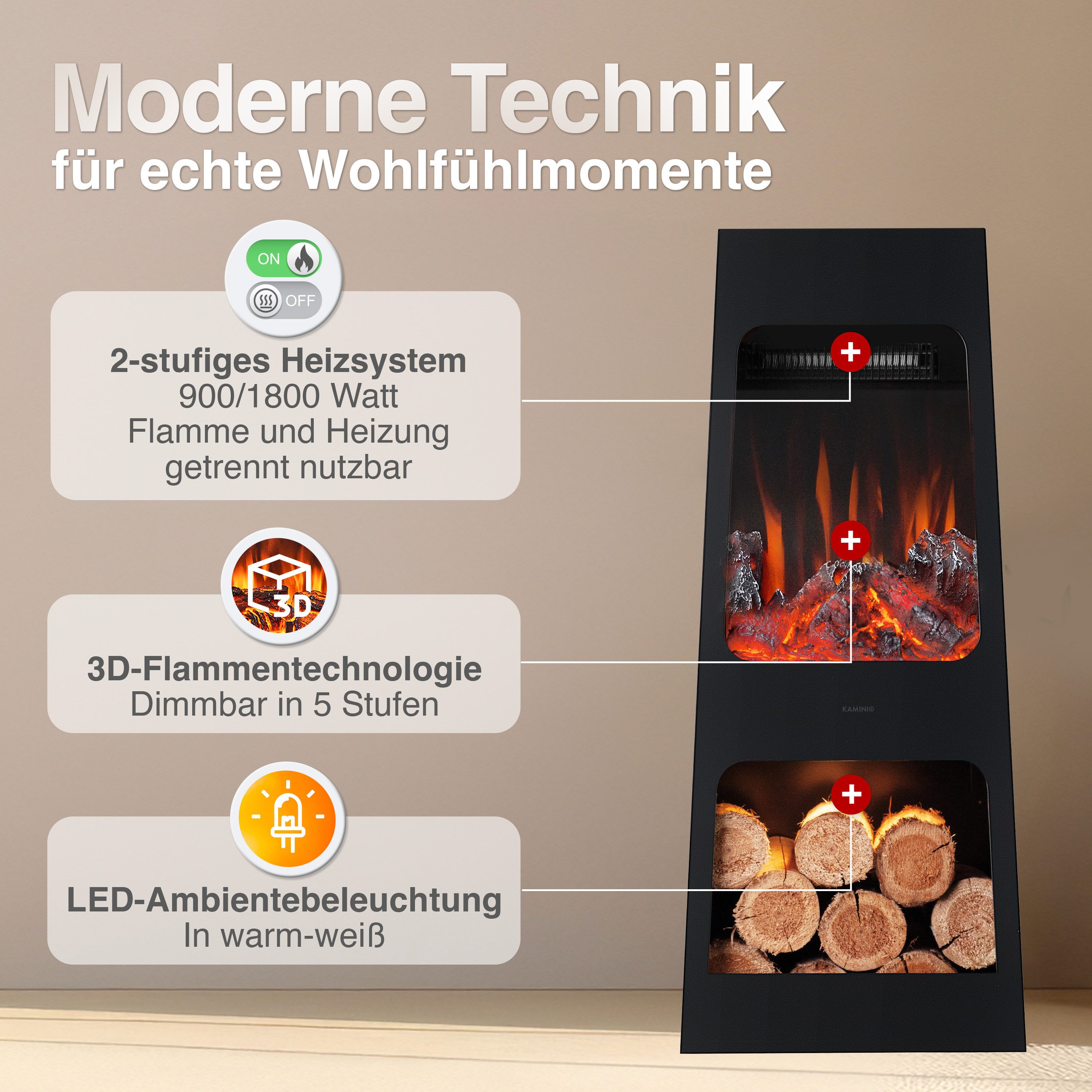 KAMINIO Gartenkamin KAI, 3D-Flammeneffekt, Intelligente 2-Stufen-Heizung