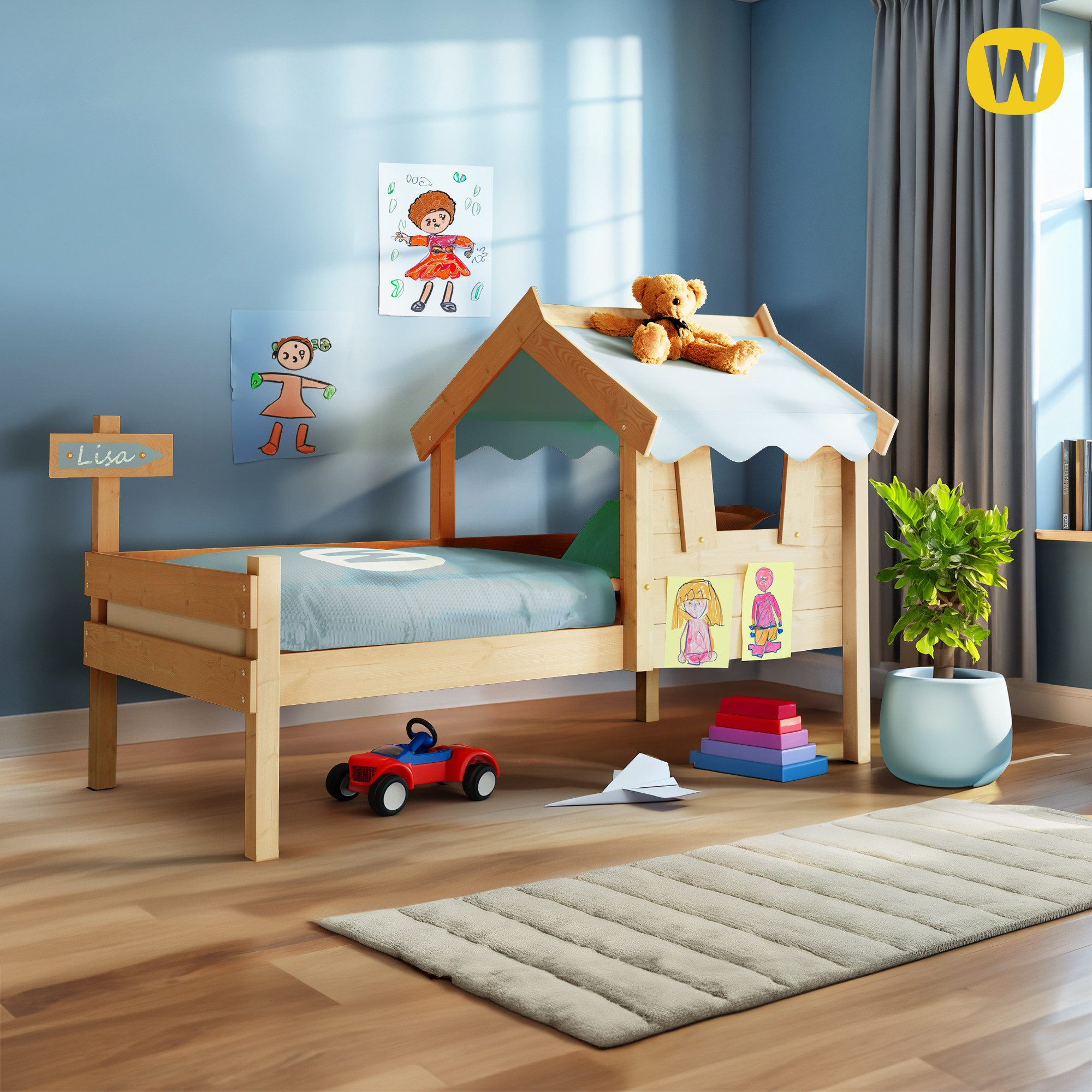Wickey Kinderbett Crazy Sharky - Spielbett 90x200 aus Massivholz mit Dach & Fenster (Set, naturbelassene Optik & stabile Konstruktion), Platzsparendes Kinderbett mit Wegweiser