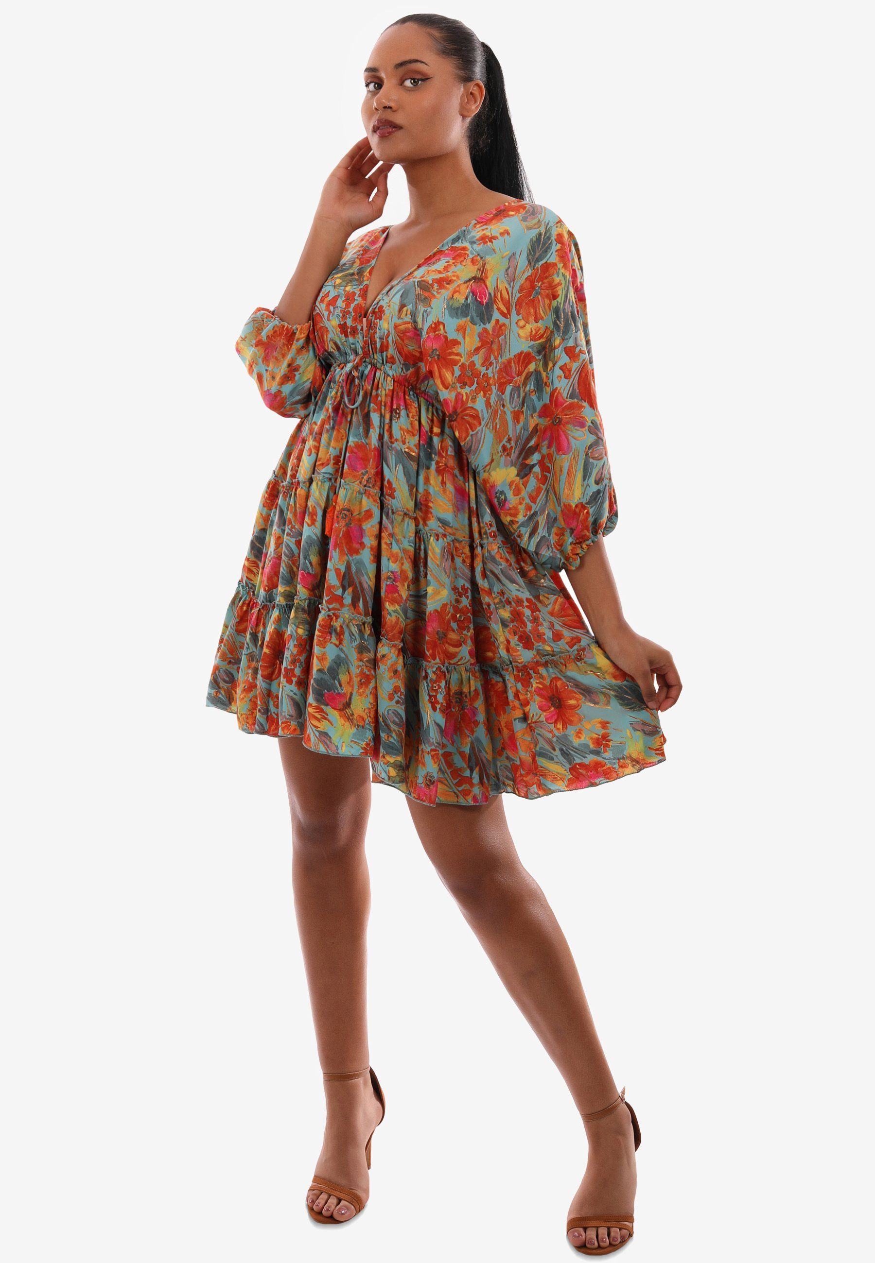 Fashion Damen-Minikleid für Style Volant, Schwungvolles mit Sommer YC Minikleid mit den & türkis Alloverdruck