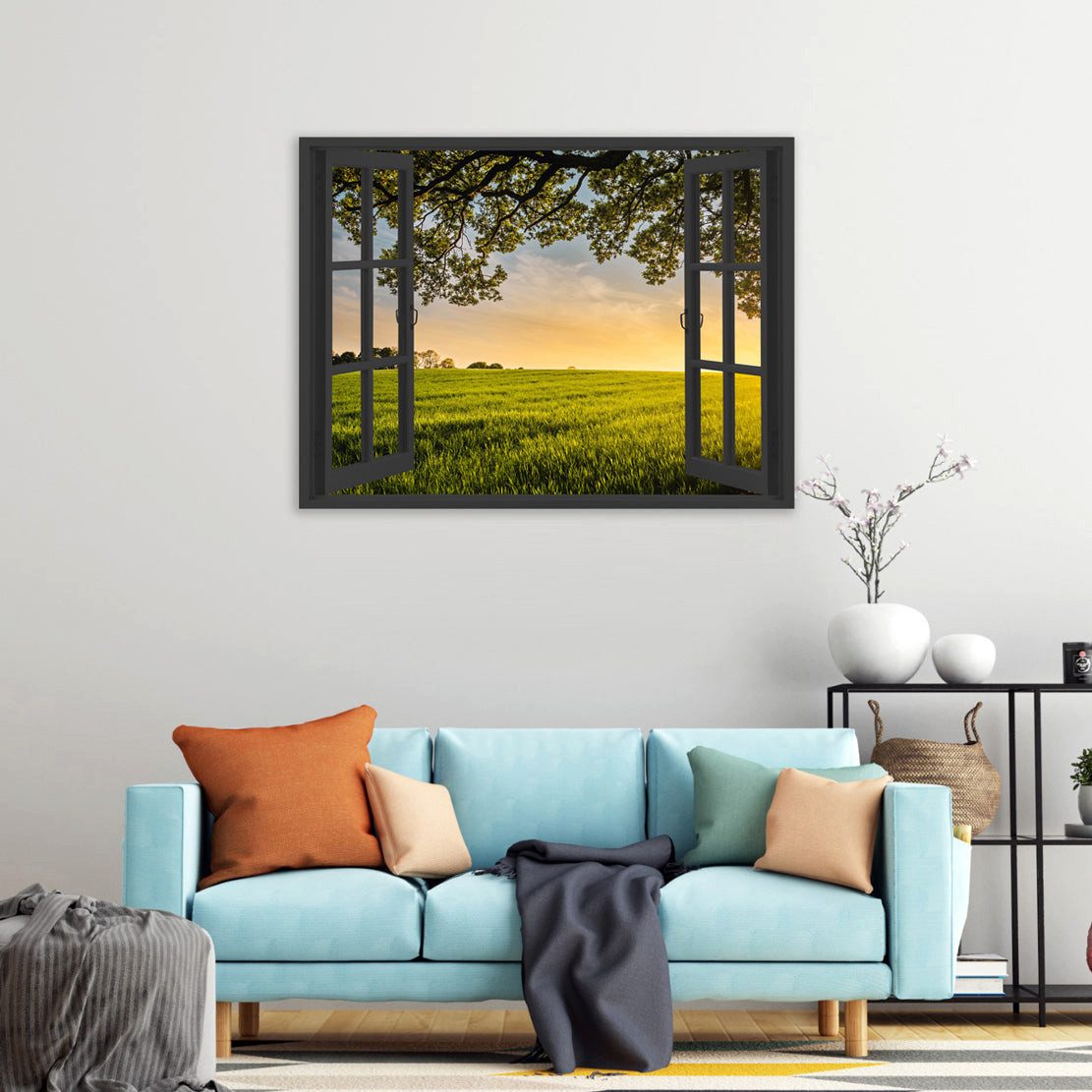 Artedinoi Leinwandbild Fensterblick grüne Wiese Baum Abendsonne Natur Leinwandbild Wandbild, Fensterblick auf Wiese