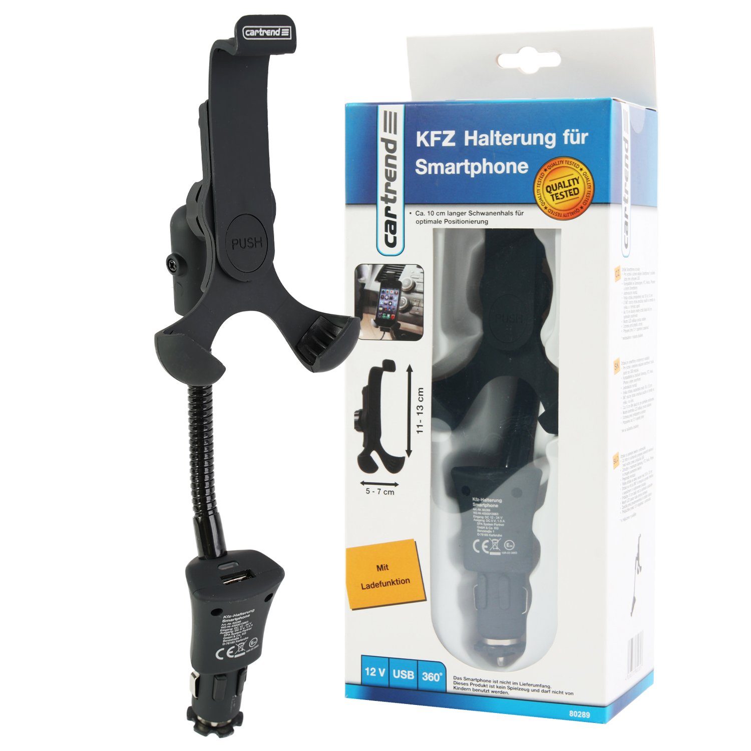 Cartrend Handy-Halterung KFZ-Halterung Ladegerät Smartphone MP3-Player, (Lademöglichkeit über USB-Port, Schwanenhals, für Smartphone bis 5,4)