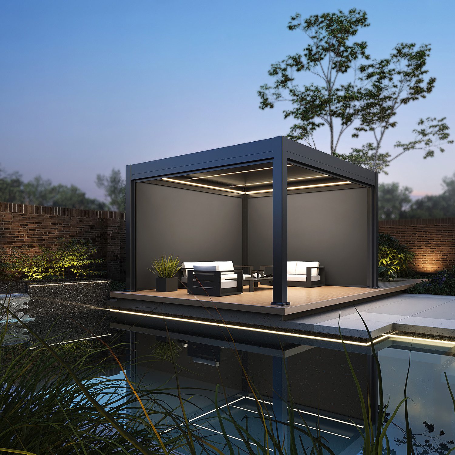 Weide Pergola Prestige Pavillon Terrassenüberdachung Alu LED 3,6x4 M + 4 Sonnenrollo, BxTxH: 400x360x255 cm, (Hochwertigstes Aluminium & verzinkte Stahl-Lamellen, Komplettset)