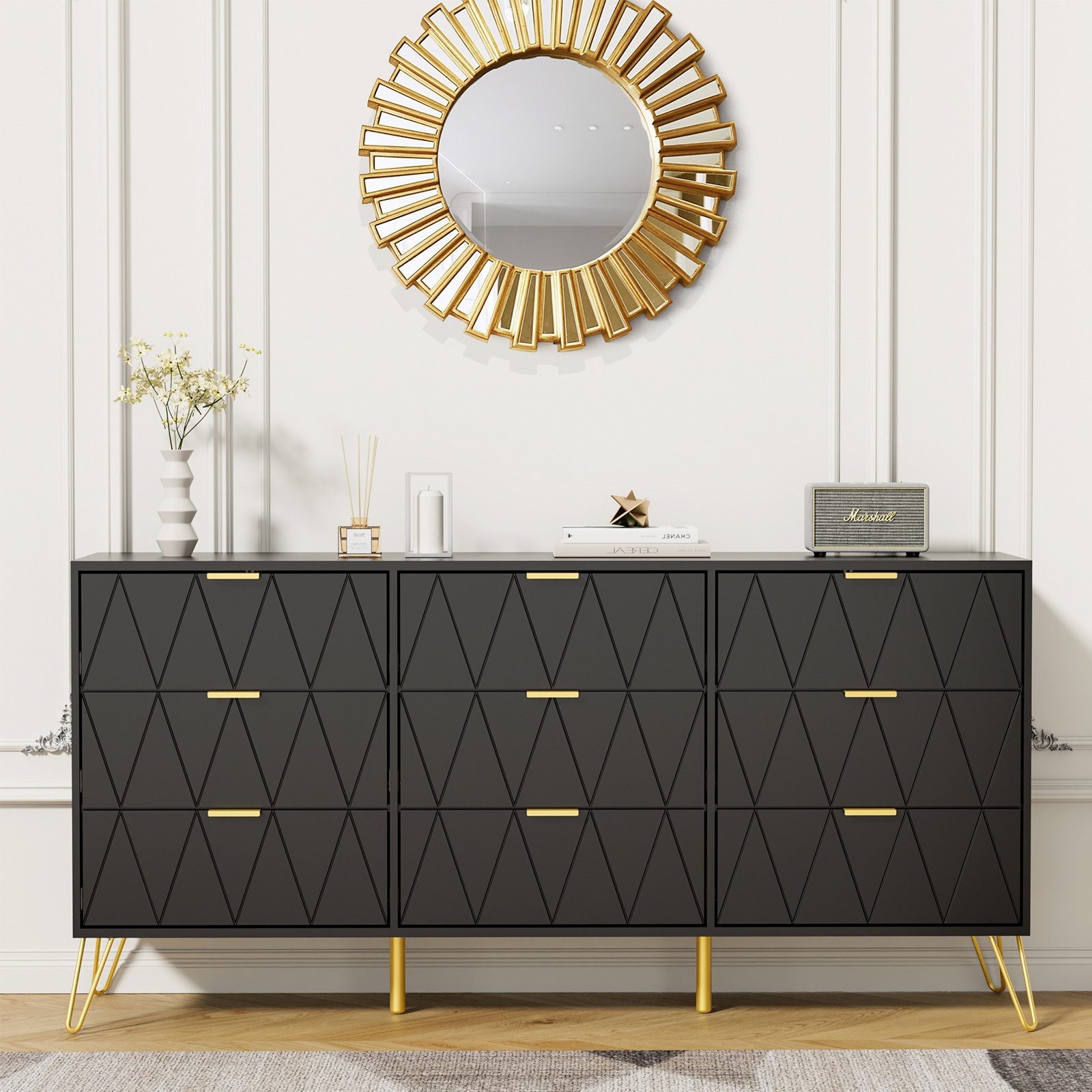 UEV Schlafzimmer-Set 3er-Set Schlafzimmermöbel, Möbelset im skandinavischen Stil, (Modern Linienmuster, Kommode mit 9 Schubladen und 2er-Set Nachttisch), Schrank mit Kippschutz, Goldene Griffe und Füße, Soft-close