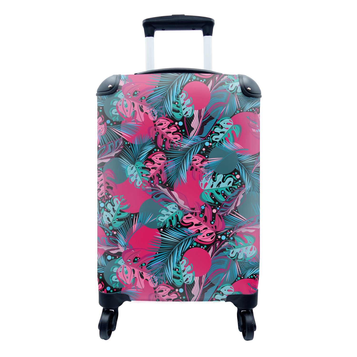 MuchoWow Handgepäckkoffer Blätter - Hawaii - Design - Rosa - Blau, 4 Rollen, Reisetasche mit rollen, Handgepäck für Ferien, Trolley, Reisekoffer