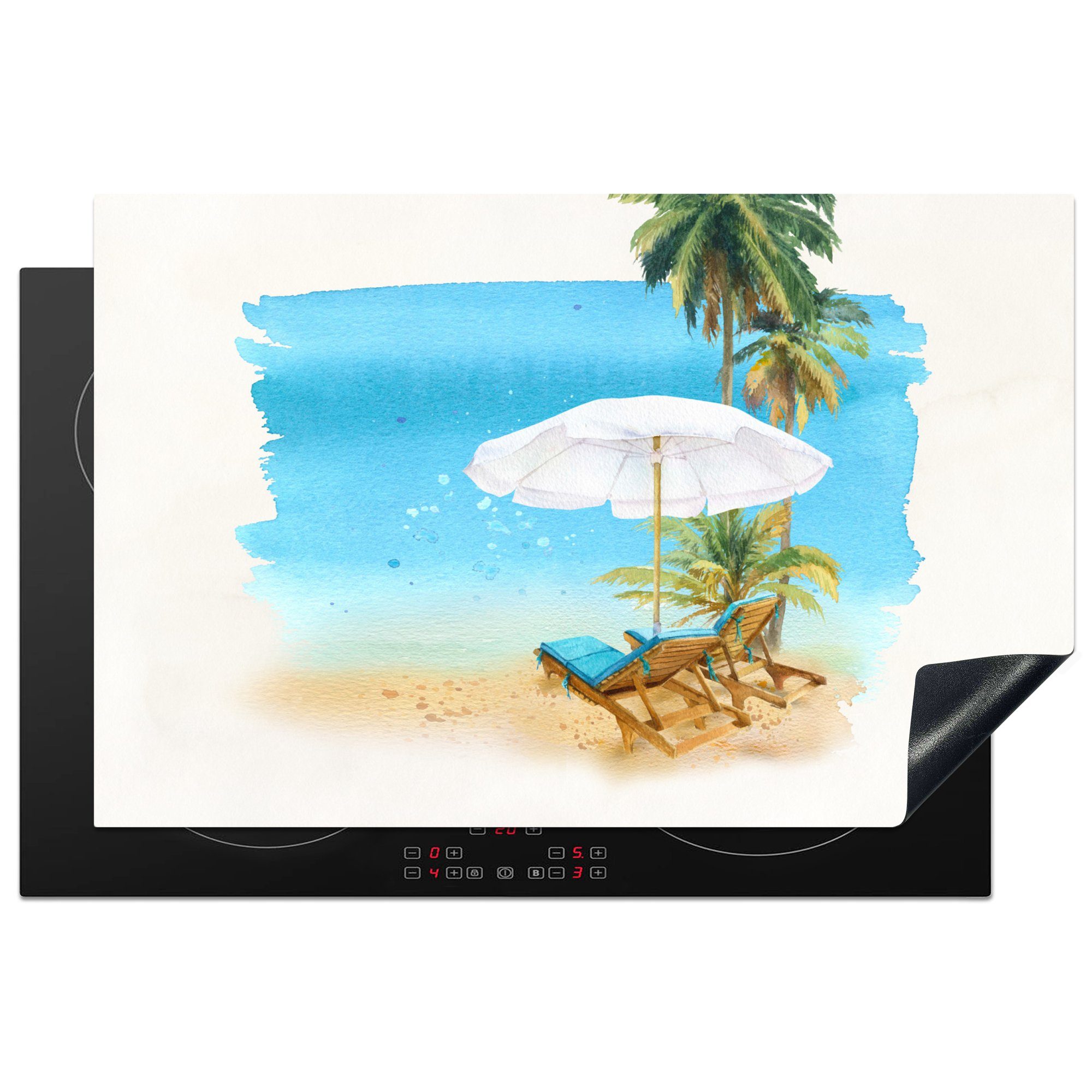 (1 cm, Vinyl, die - tlg), Wasserfarben, 81x52 Induktionskochfeld Strandkorb Ceranfeldabdeckung - Herdblende-/Abdeckplatte Palmen für Sonnenschirm küche, MuchoWow - Schutz