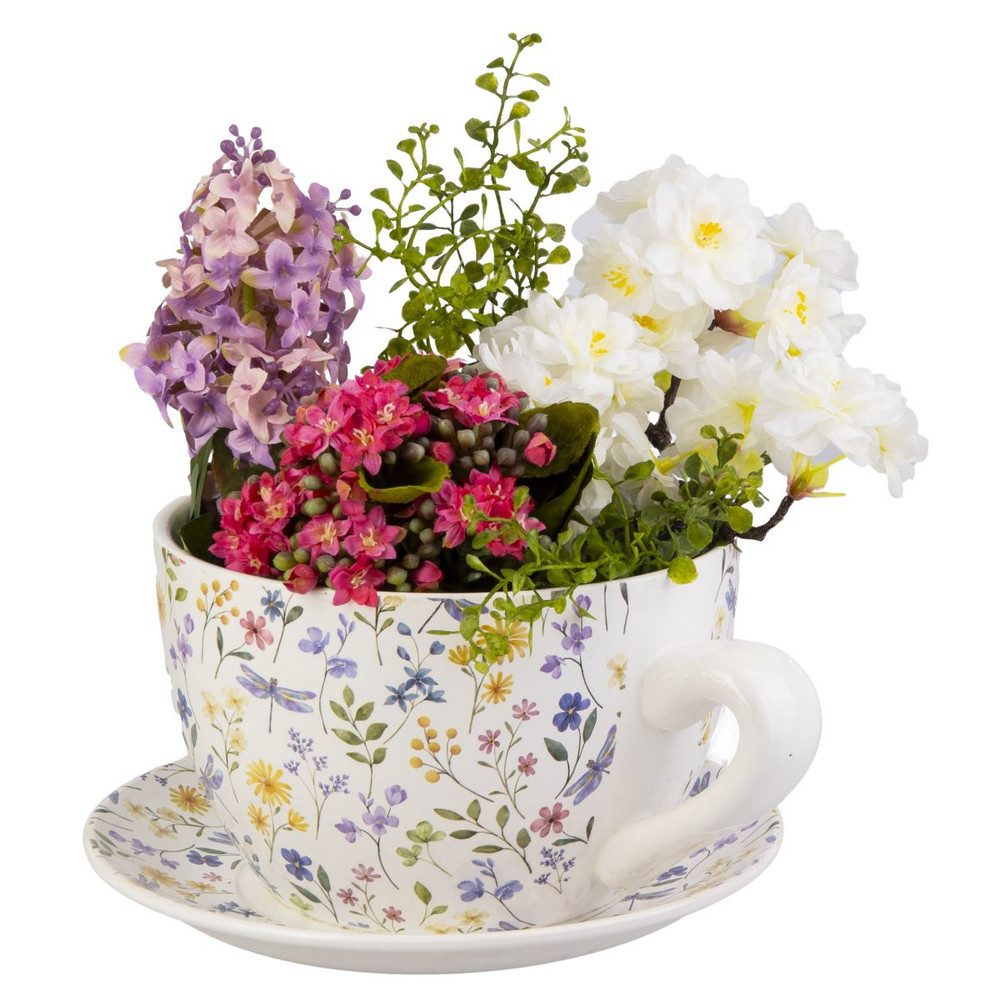 MICA Blumentopf Pflanztasse Blumen weiß/bunt - ca. 23 x 19 x 12 cm