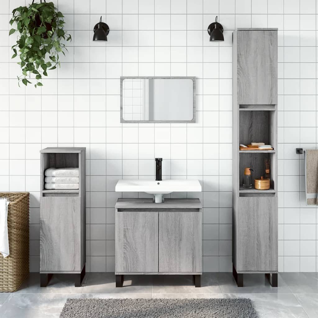 Badkommode Badezimmerschrank 30x30x190 cm Grau Sonoma mit Massivholz und Eisen