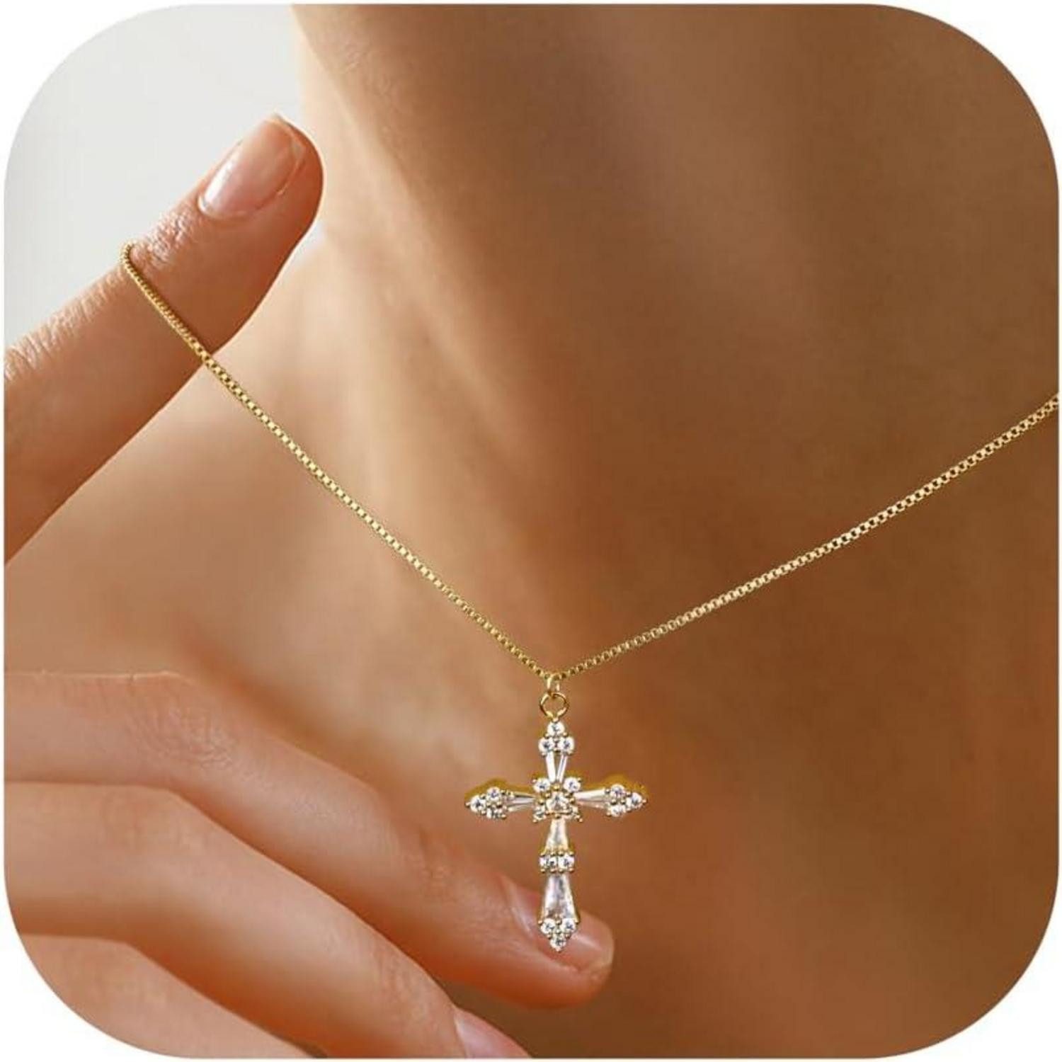 LuxusKollektion Kette und Anhänger Set Kreuz Kette Damen 14K Gold Vergoldet Halskette Silber Modeschmuck