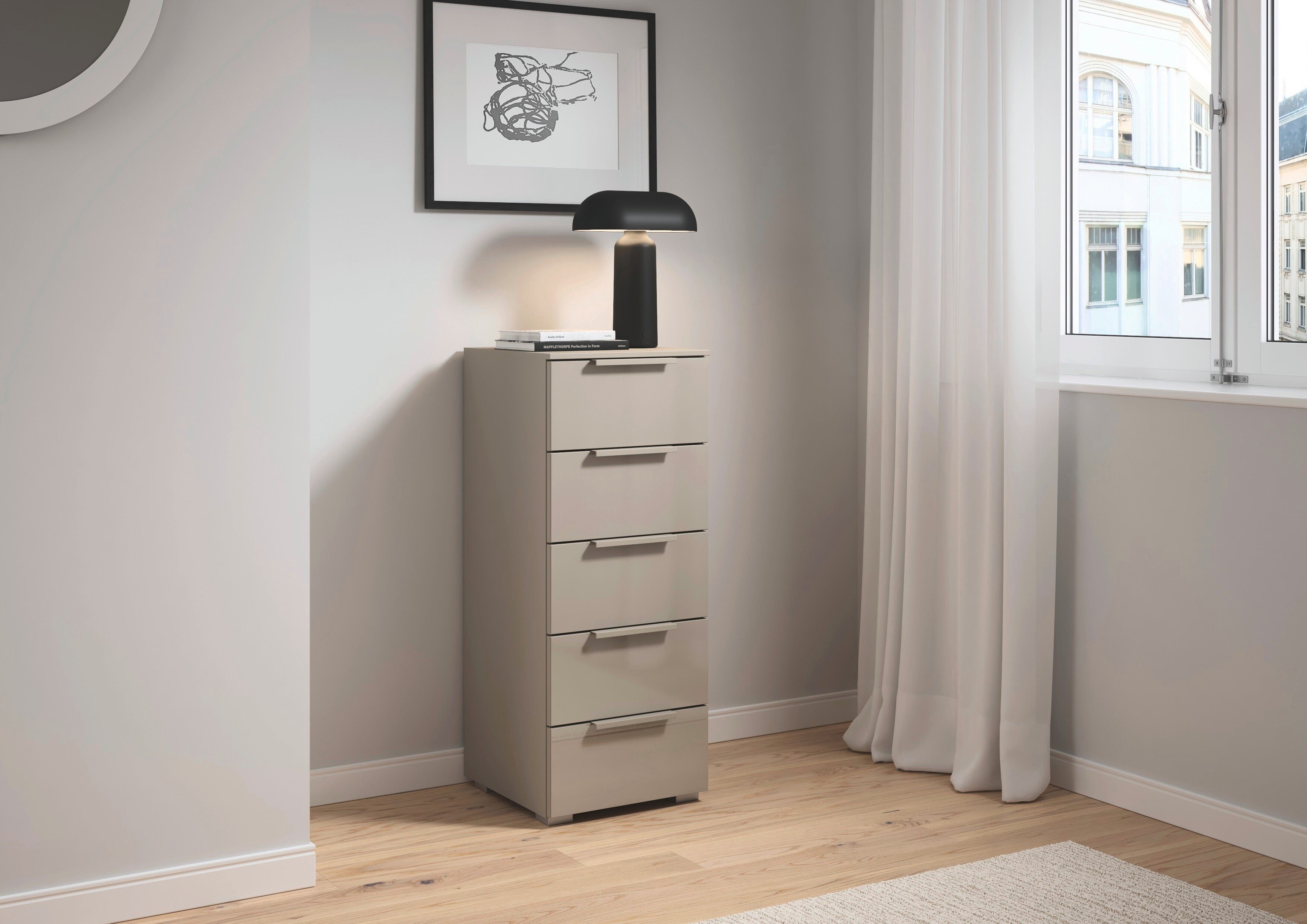 rauch Schubkastenkommode Highboard Sideboard Kommode MONTCLAR Frontauswahl Dekor/Hochglanz/Glas (in 2 Breiten: 40 oder 80 cm / Höhe 100 cm, inkl. Soft-Close-Funktion), mit 5 geräumigen Schubladen, viele Griffvarianten MADE IN GERMANY