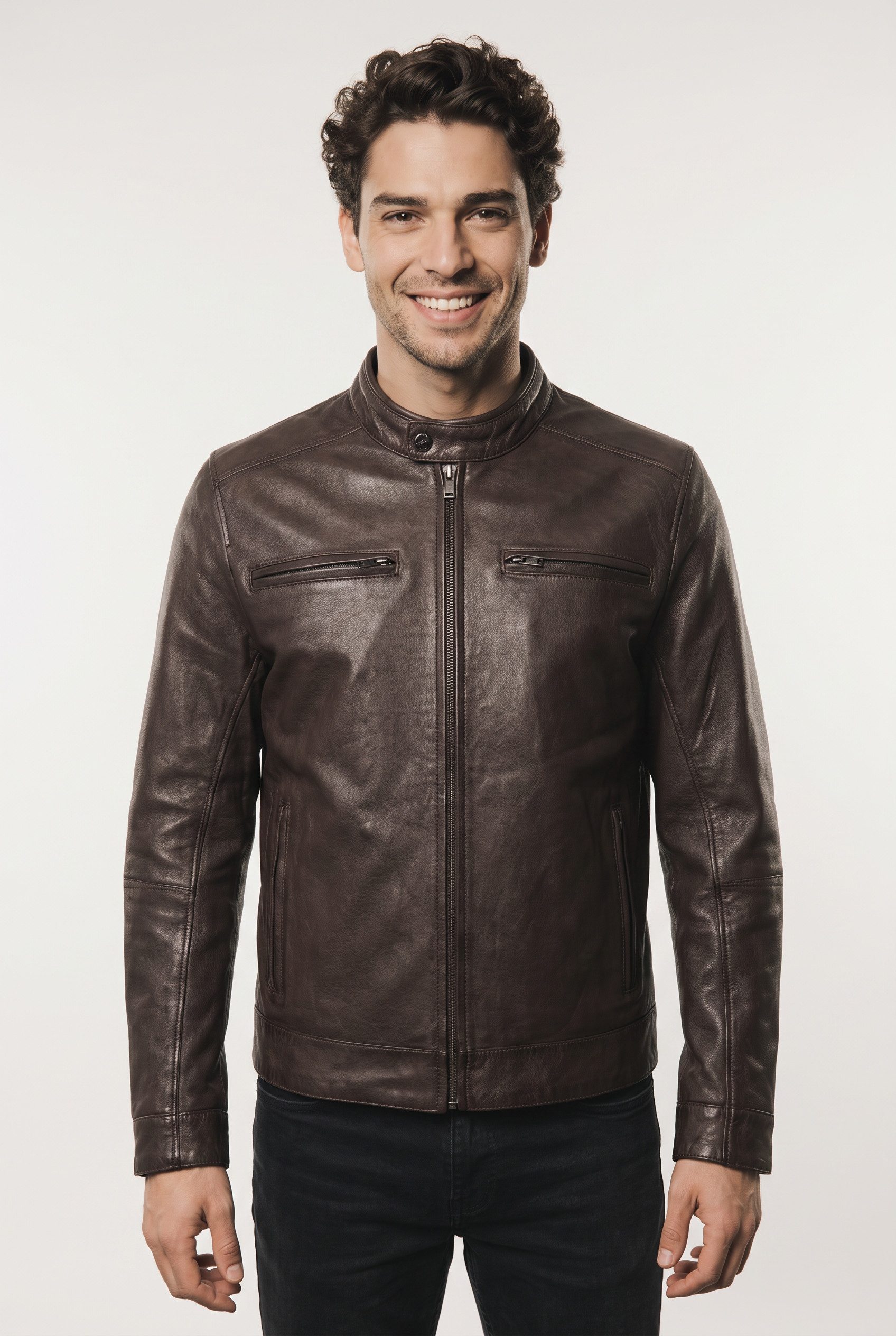 Mauritius Lederjacke MMBlaco (mauritiusHerren26) im Biker-Stil mit Stehkragen und Drucker
