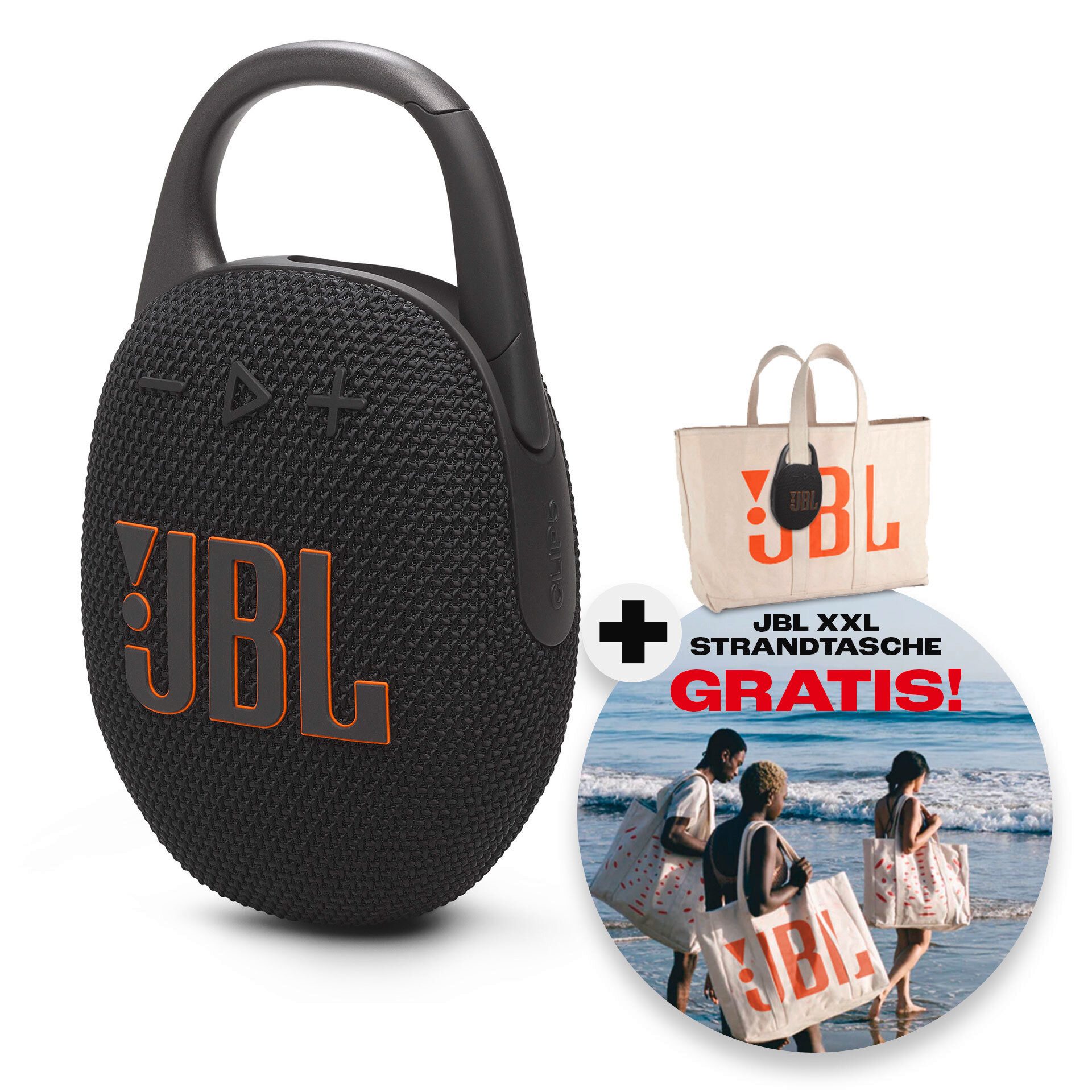 JBL Set: Clip 5 + Strandtasche Bluetooth-Lautsprecher (A2DP Bluetooth, Bluetooth, AVRCP Bluetooth, 7 W, Ultra-kompakter wasserdichter Lautsprecher mit Strandtasche)