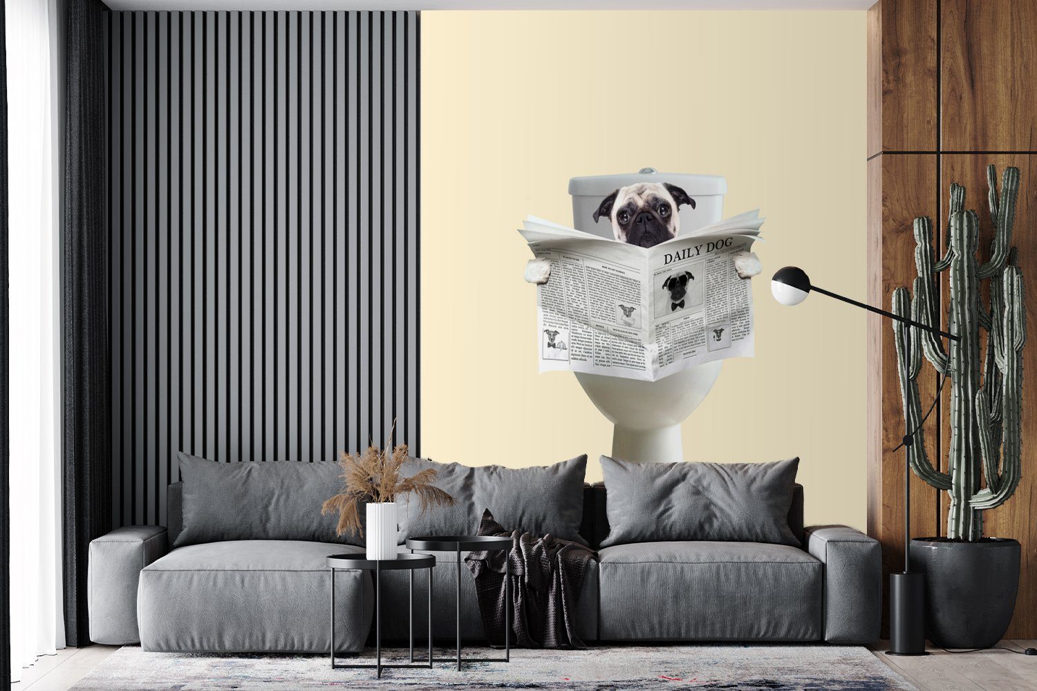 MuchoWow Fototapete Hund - Mops - bedruckt, (4 Tier, Zeitung Wohnzimmer, - Matt, Tapete für Montagefertig Toilette Wandtapete - St), Vinyl