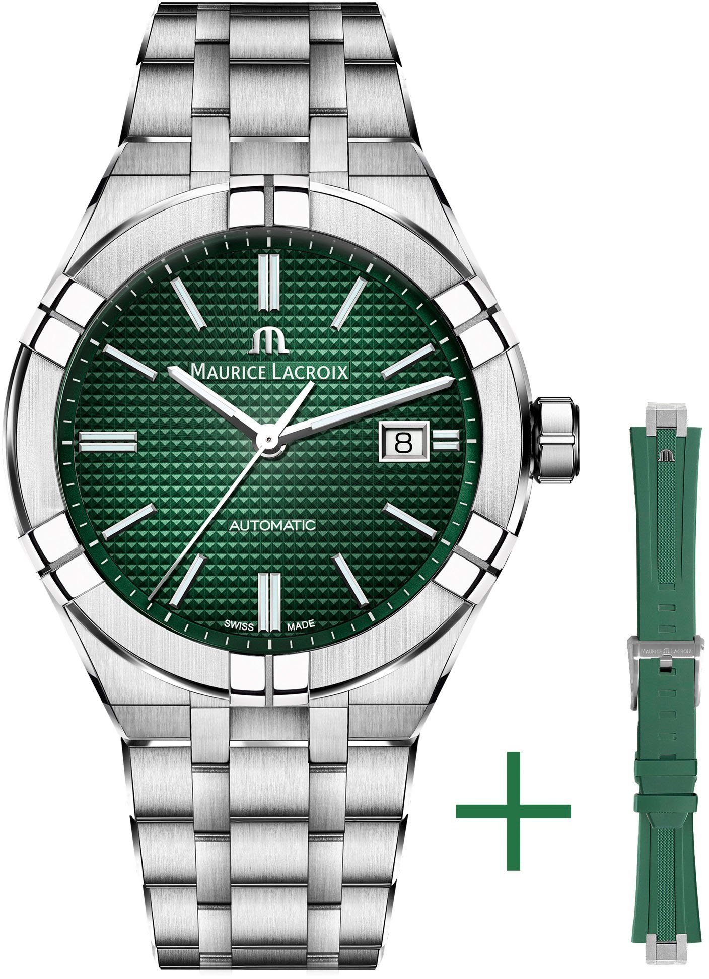 Herren Uhren MAURICE LACROIX Automatikuhr Aikon Automatik, AI6008-SS00F-630-D, (Set, 2-tlg., Uhr mit grünem Wechselarmband aus K