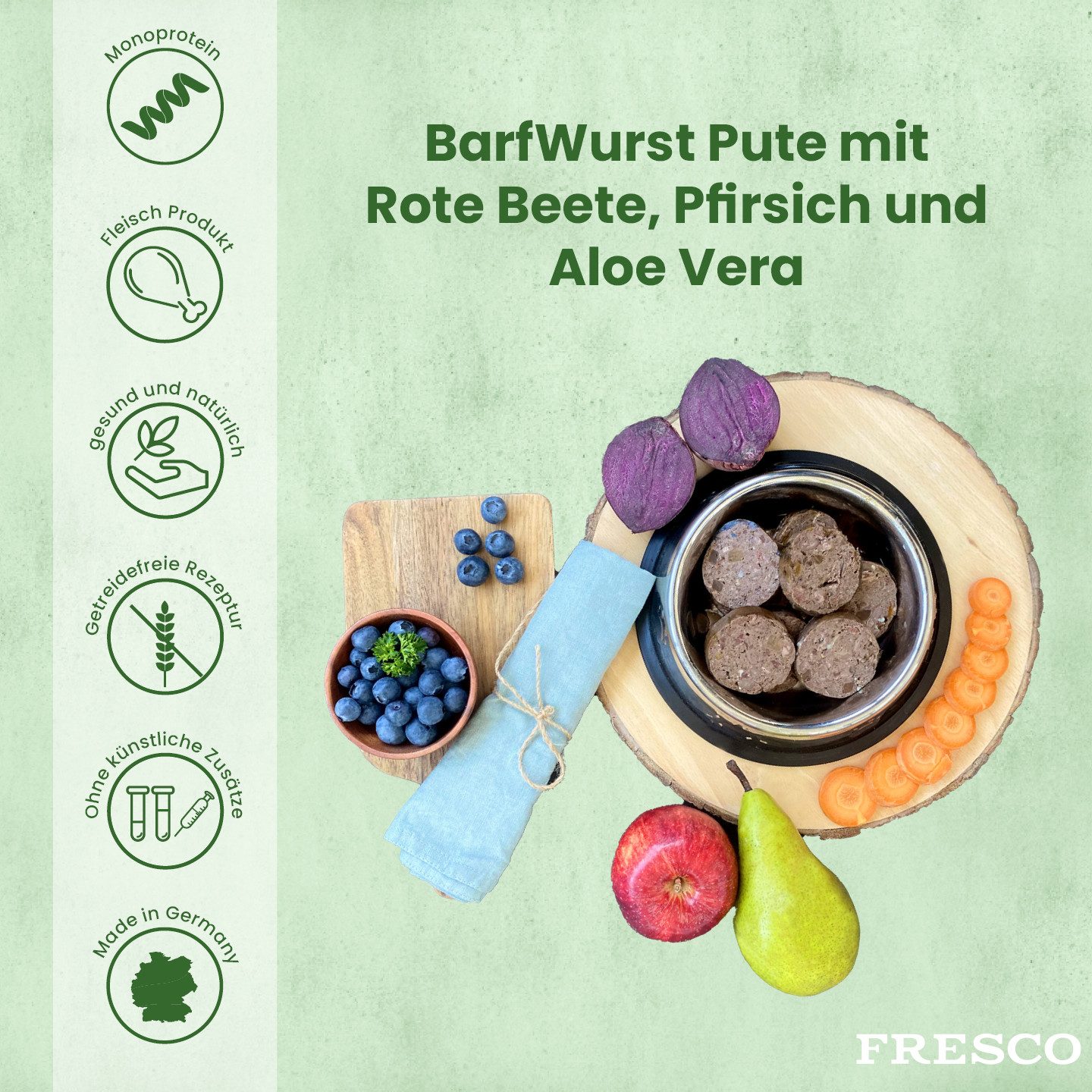 Fresco Dog BARF Hundewurst schnittfest Pute I 2 x 400g, Nassfutter für: Hunde, 86% Frischfleisch, getreidefrei & vitaminreich