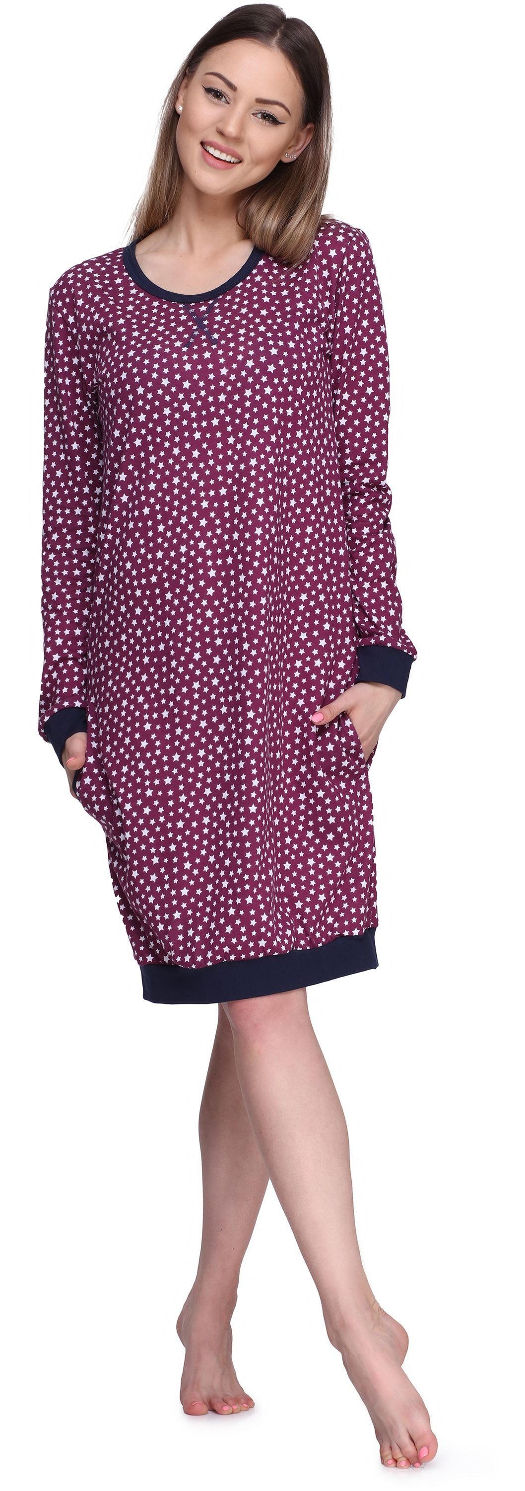 Langarm Damen (1-tlg) Nachthemd Weinrot/Sterne Nachthemd aus Style Merry MS10-180 Baumwolle