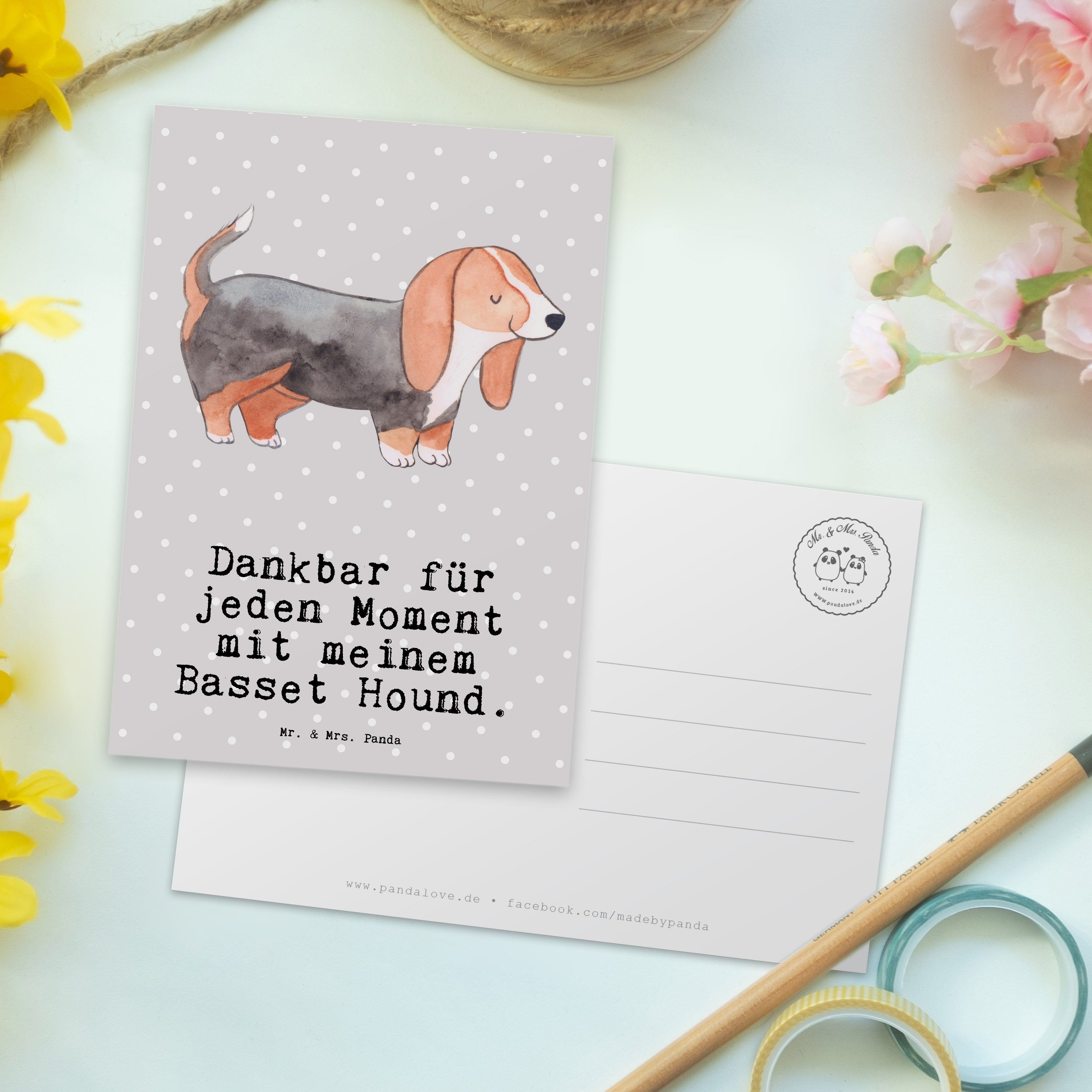 Mr. & Mrs. Panda Postkarte Basset Einladu - - Ansichtskarte, Grau Geschenk, Moment Pastell Hound