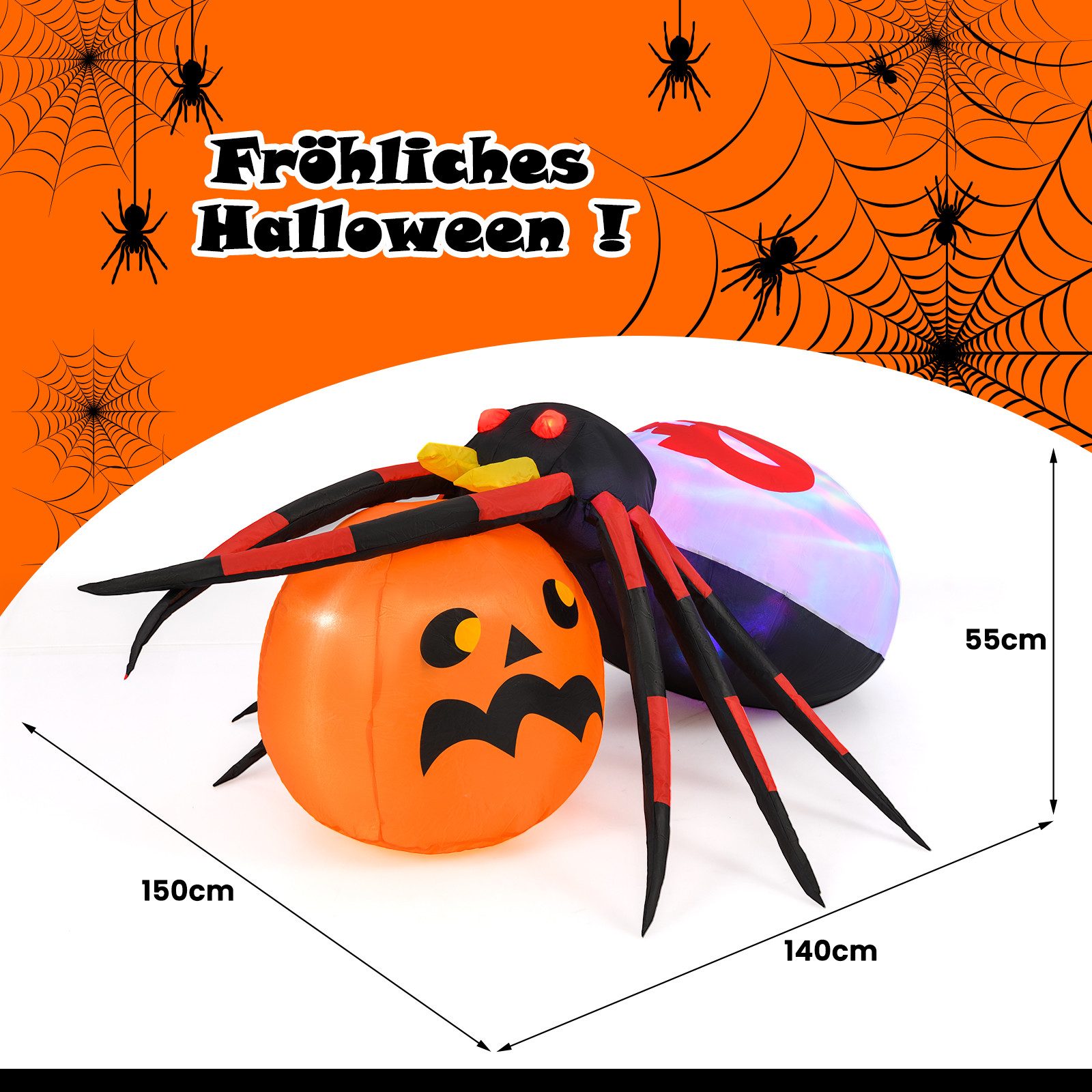 KOMFOTTEU Dekoobjekt, 150cm Lange Riesige Spinne Halloween aufblasbare Dekoration
