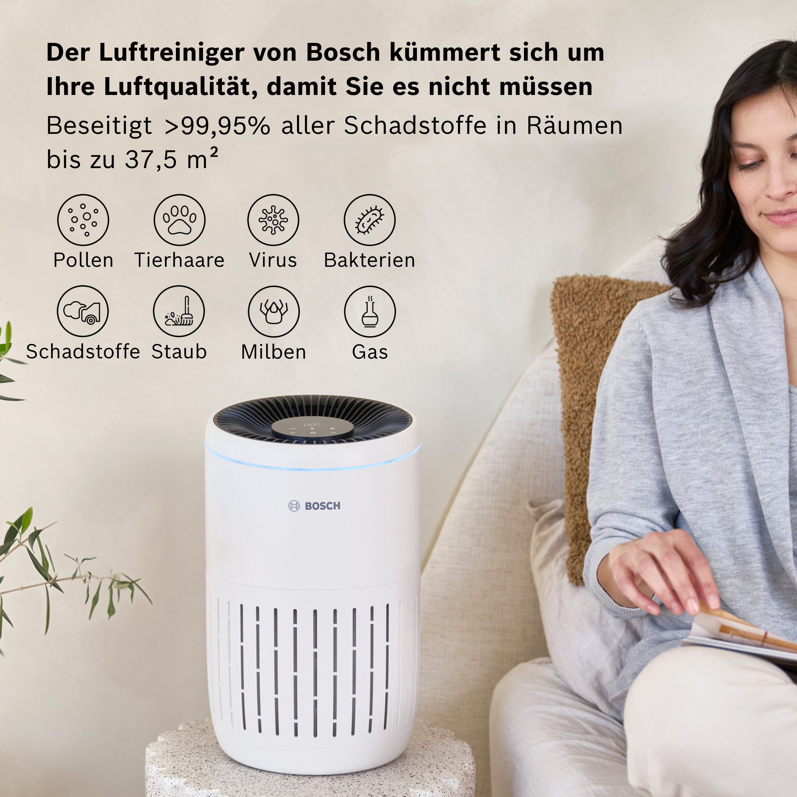 BOSCH Luftreiniger Air 2000, filtert über 99% der Schadstoffe, für 37 m² Räume, mit 3-in-1 Luftfilter, Automatik- und Ruhemodus)