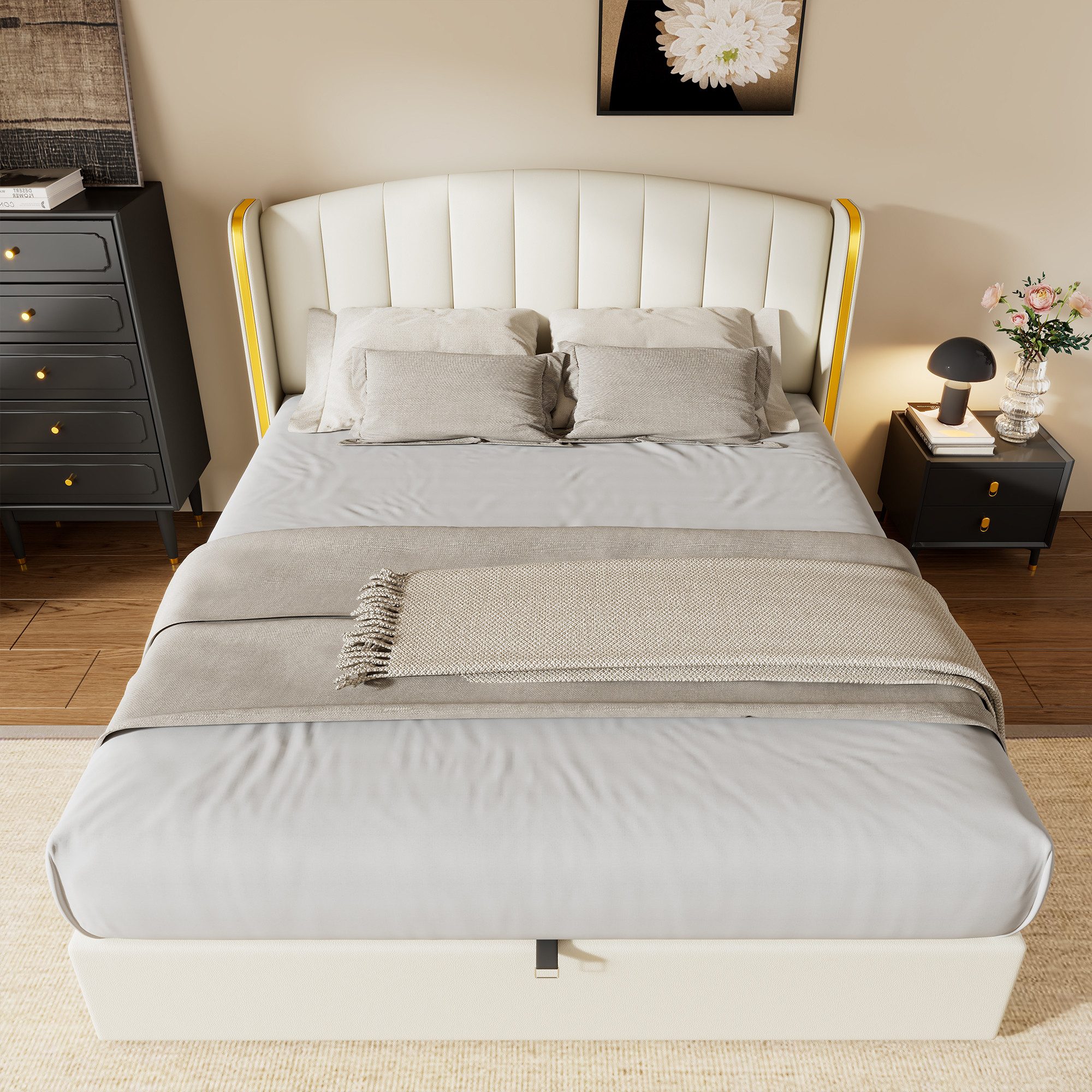 OKWISH Polsterbett Hydraulisches Bett (160*200cm), mit goldgerandetes Ohrendesign, Bettkasten, Lattenrost und Kopfteil