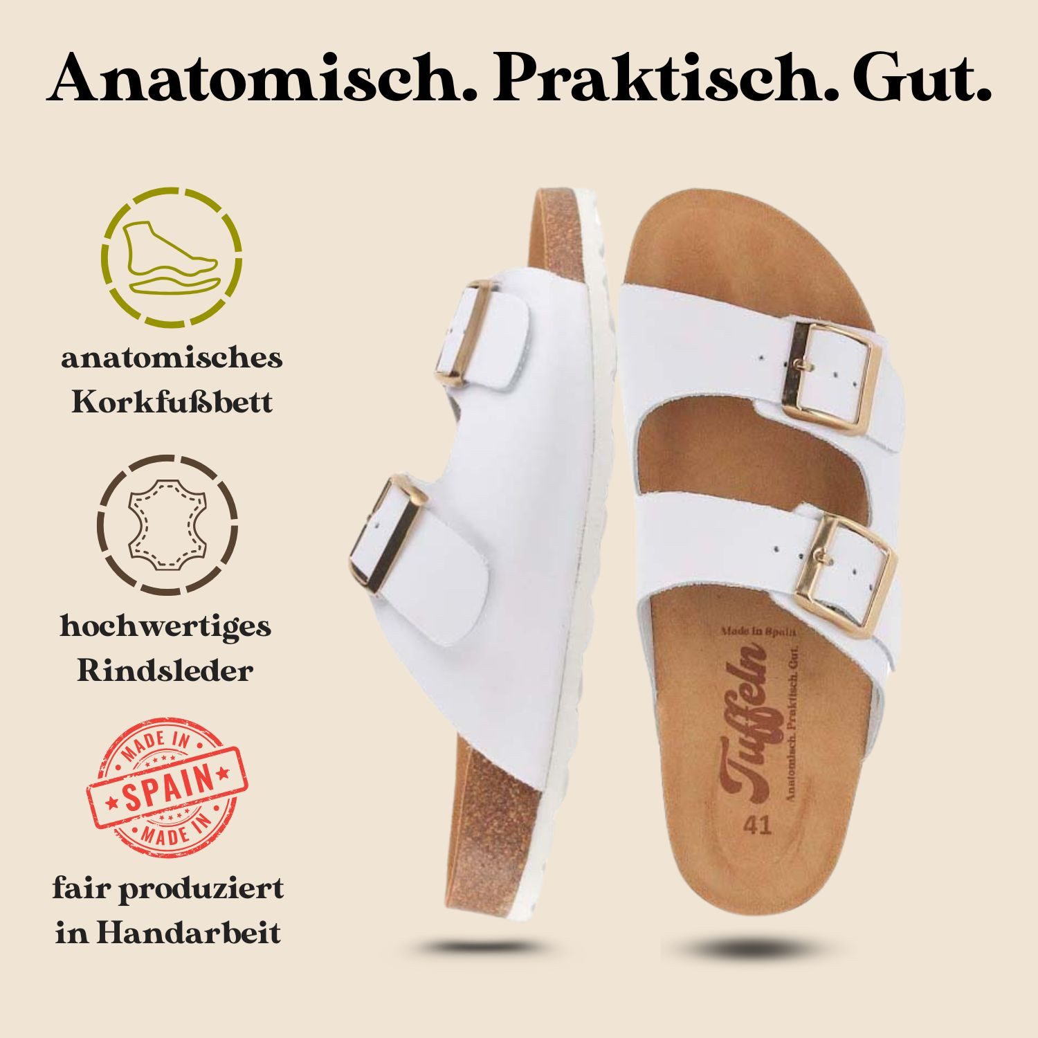 Tuffeln Leder-Sandalen 'Norderney' mit Korkfußbett Zweischnaller Pantolette Hausschuh mit gepolstertem Tieffussbett – Bild 2 von 5