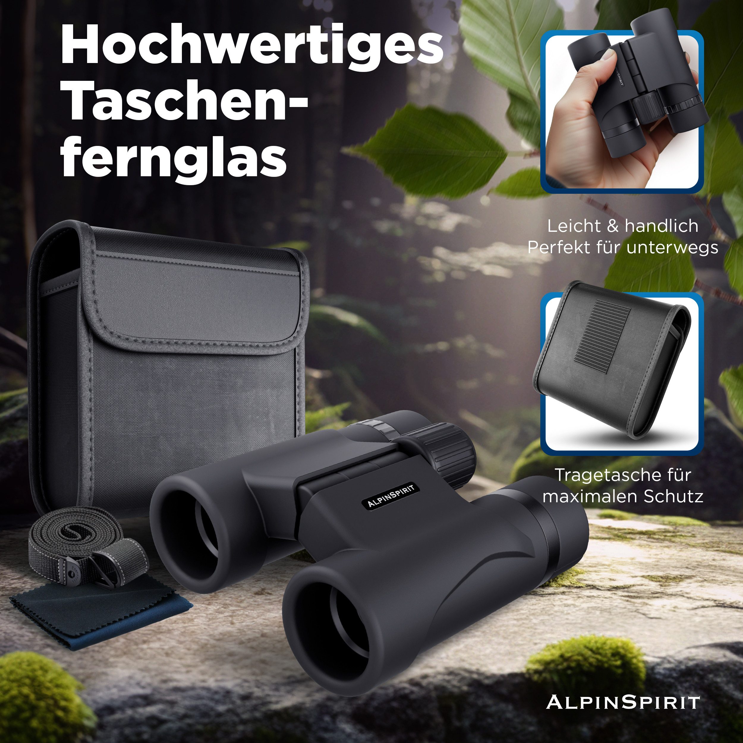 AlpinSpirit Fernglas inkl. Tasche & Zubehör (Testsieger) – für Brillenträger Fernglas (Kinder und Erwachsene, Ideal für Sport, Reise, Freizeit - FMC & BAK4)