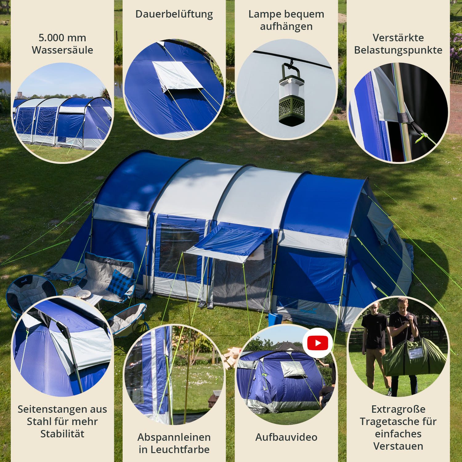 Skandika Tunnelzelt Montana 10 Sleeper Protect, Gruppenzelt mit eingenähtem Zeltboden, Personen: 10 (Sleeper Technologie, Moskitonetz an den Haupteingängen/Schl – Bild 5 von 5