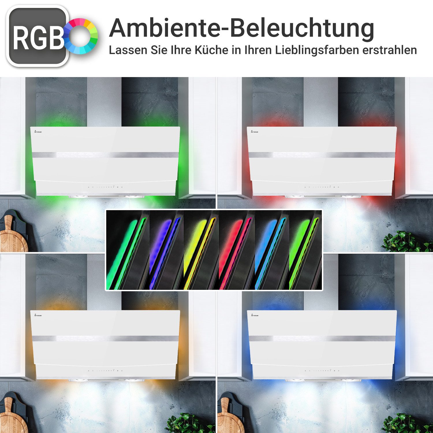KKT KOLBE Wandhaube Dunstabzugshaube 90cm HERMES9005WM RGBW Ambientebeleuchtung Dunstabzugshaube 90cm HERMES9005WM RGBW Ambientebeleuchtung, Kopffrei / 90cm / Smarte WiFi-App / Edelstahl / Glas / Schräghaube