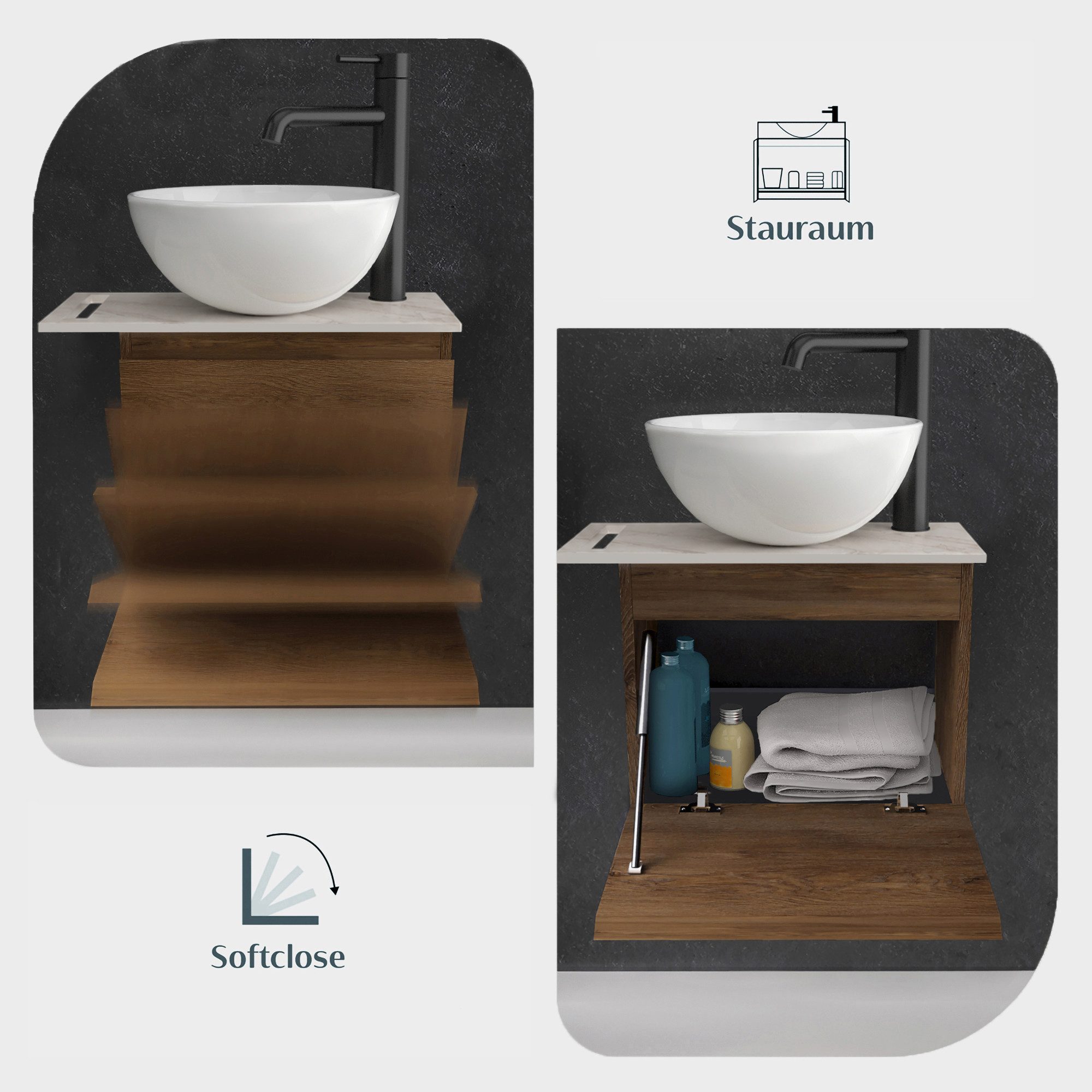 Alpenberger Badmöbel-Set mit Aufsatzwaschbecken Waschtisch mit Unterschrank & Keramikplatte, (Waschtischunterschrank mit Softclose, Waschbeckenunterschrank häng – Bild 4 von 5