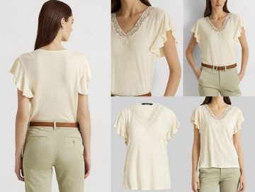 Ralph Lauren T-Shirt LAUREN RALPH LAUREN SIGLAY LINEN V-Neck Ruffle Shirt Top Bluse T-shirt