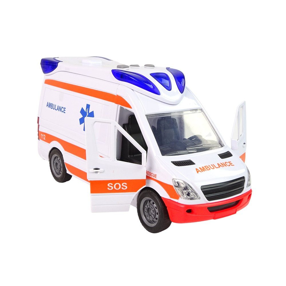 LEAN TOYS Spielzeug-Krankenwagen Rettungswagen Notarztwagen Einsatzfahrzeug, (Spar-Set, 1-tlg., 25 x 13 x 8 cm leuchtend), Licht & Sound, Friktionsantrieb, Krankentrage, Türen