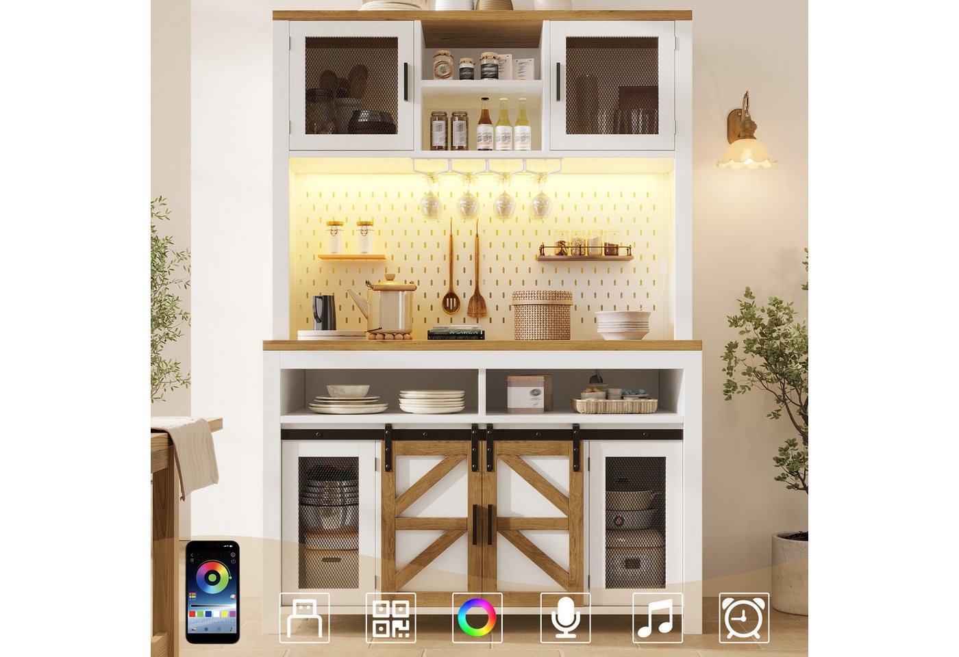Flieks Küchenbuffet mit LED-Beleuchtung, Lochwand, USB-Anschluss und Schiebetüren (1-St., B120/T40/H174,5 cm) Küchenschrank Hochschrank mit Metallgittertüren und Steckdosen Weiß
