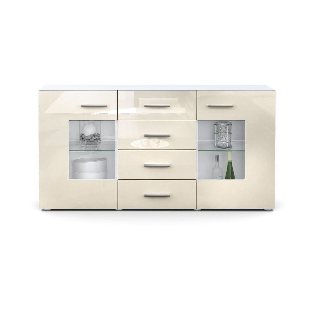 Vladon Sideboard Grömitz (Kommode mit 2 Türen, 4 Schubladen und 2 flexible Glaseinlegeböden), Weiß matt/Creme Hochglanz (139 x 72 x 35)