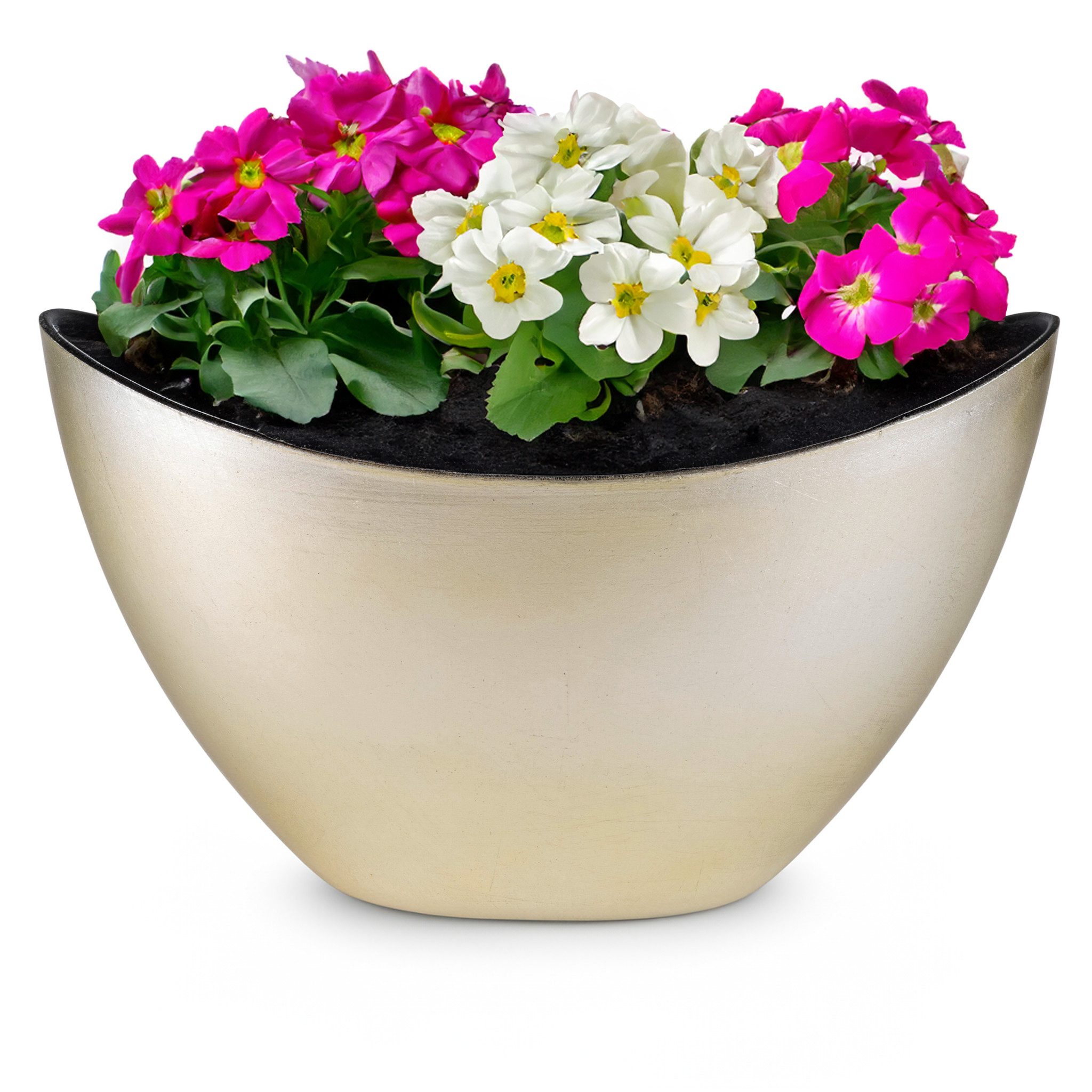matches21 HOME & HOBBY Blumentopf Hohe Pflanzschale oval Vintage gold-farben 24 x 14 cm wetterfest (1 St), Schiffchen Deko-Schale als Tischdeko Blumen-Schale Outdoor Garten-Deko