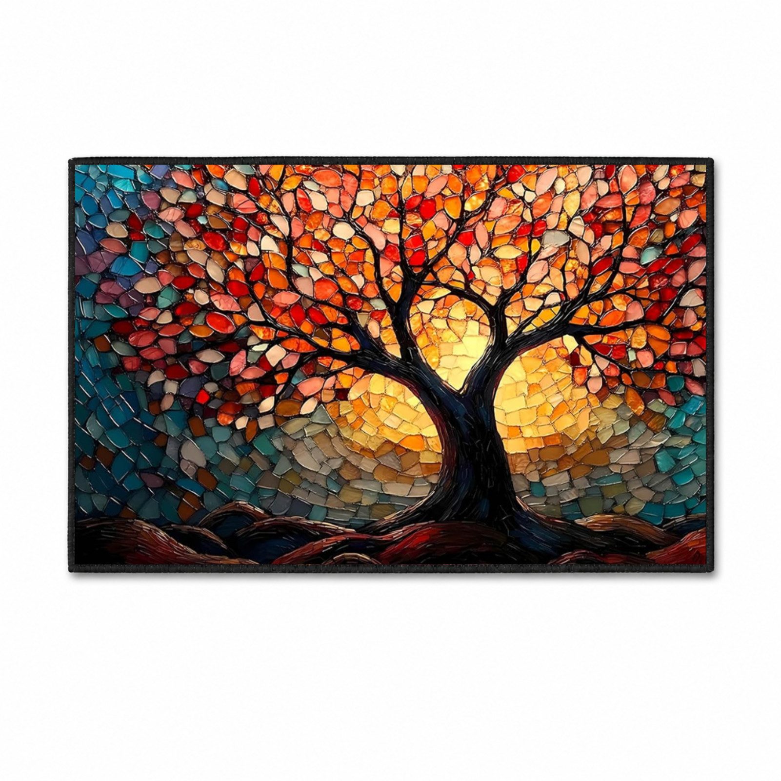 Jumpeak Teppich Baum des Lebens Mosaik Teppich Bunt Herbstfarben Kunst Motiv, Rechteckig, Höhe: 5 mm, Kunstkaschmir, pflegeleicht, kurze Fasern, angenehm zu tragen