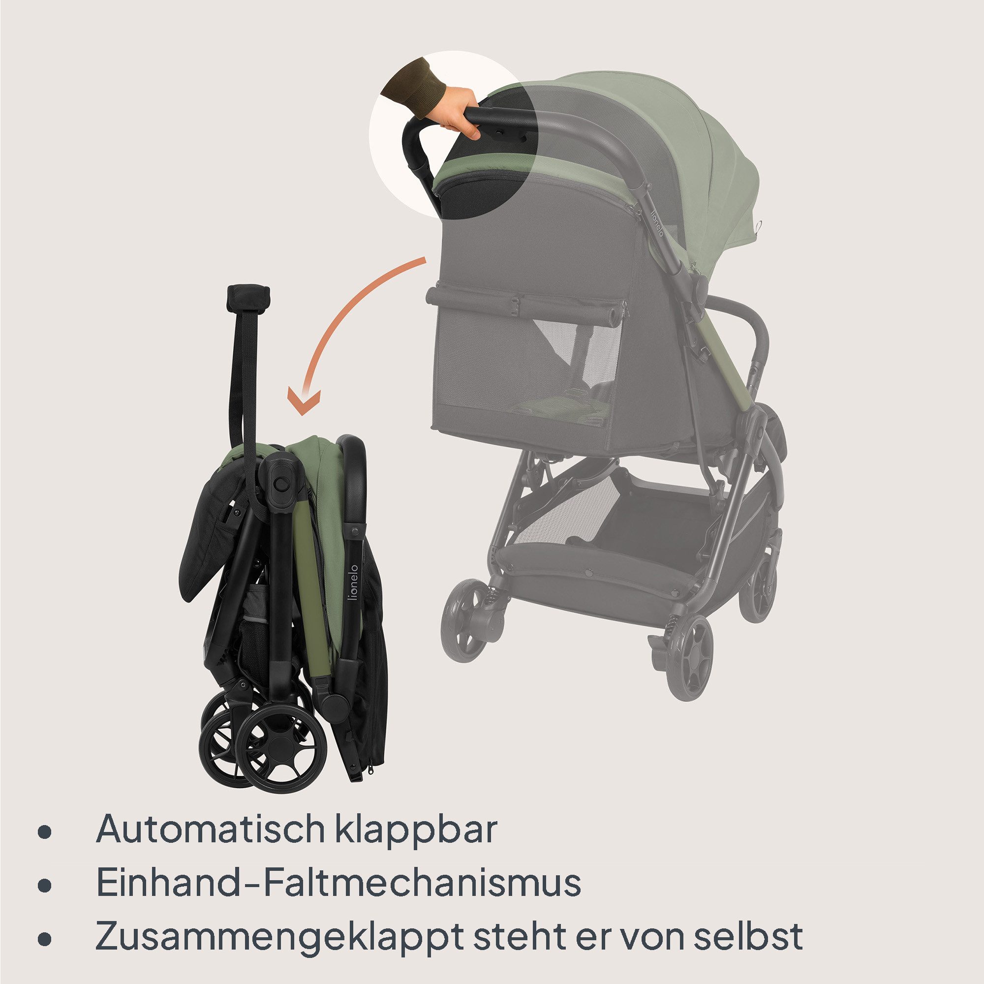 lionelo Kinder-Buggy JULIE AIR, (Set mit Becherhalter und Tragegurt für den Transport auf der Schulter), Auto-folding/Ultraleicht/UPF50+/Liegeposition/360°Rader