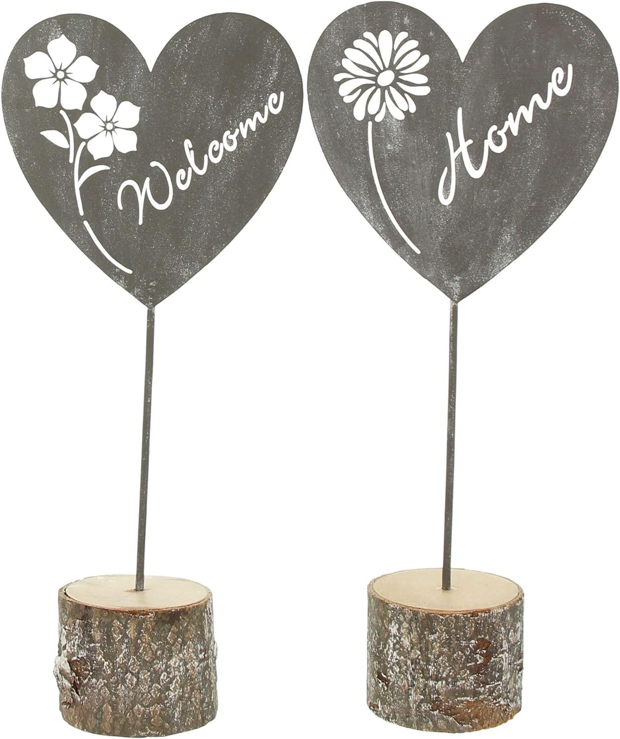 Dekoleidenschaft Dekosäule "Herz" aus Metall, grau, weiß gekalkt mit Schriftzug "Welcome Home" (2 St., im Set), Tischdeko, Willkommensdeko, Herzdeko, Willkommensdeko, Metalldeko